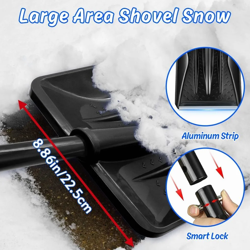 Pala Nieve, 108cm Largo, Borde Resbaladizo de Perfil de Aluminio, Diseño Desmontable de 4 Piezas, Carretilla Elevadora de Nieve Portátil Ajustable para Conducir, Acampar, Jugar con Muñecos de Nieve
