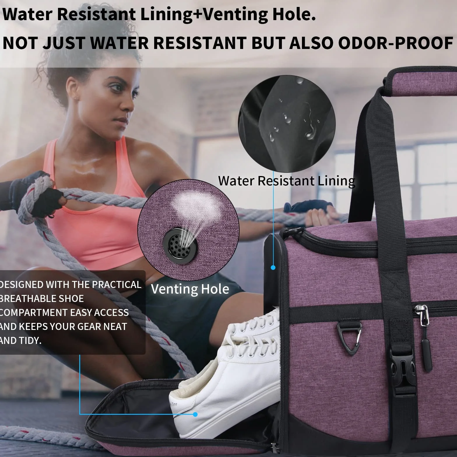 Lubardy Bolsa Deporte 40L Impermeable Viaje con Toalla Microfibra Compartimento Zapatos Violeta