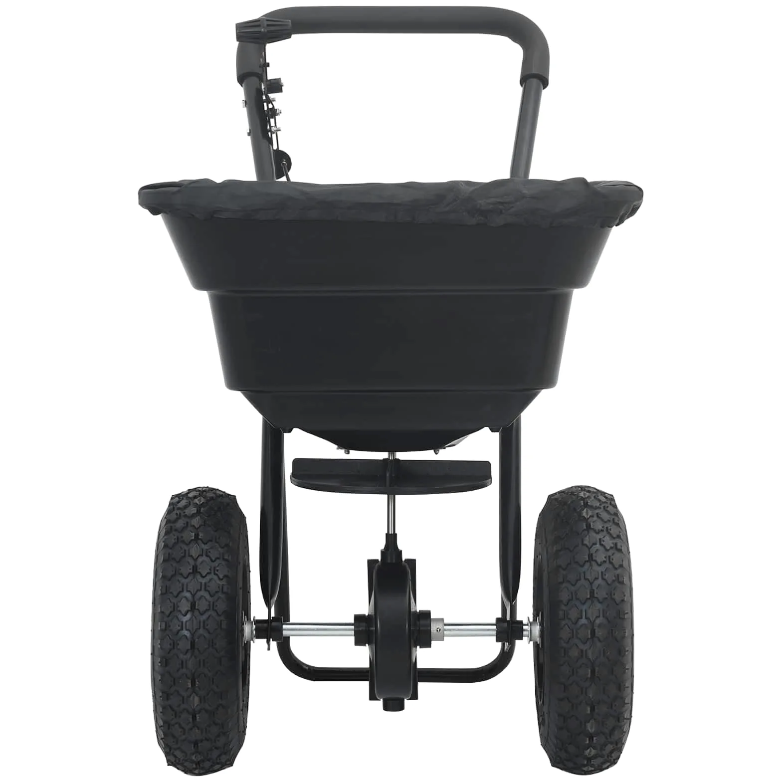 Esparcidor negro de PVC y acero 53 x 81,5 x 78 cm, esparcidor de mano y abono para jardín, patio, acera, bancal, ideal para sembrar, fertilizar, distribuir, esparcir semillas de césped y sal de