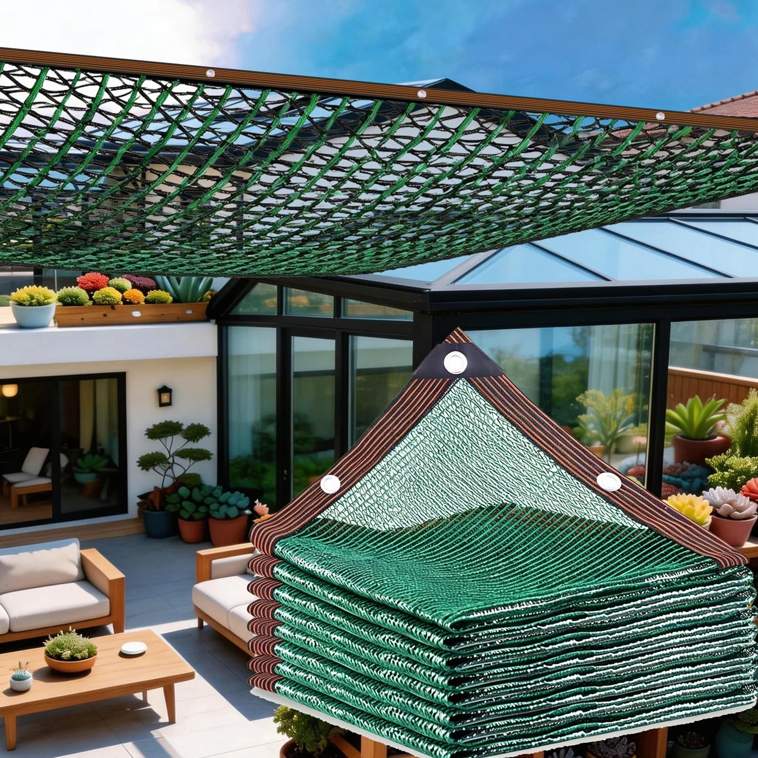 Malla De Sombreo Verde, Malla De Protección Solar (3 Agujas, 50% UV), Tela De Sombra, Tejido De Sombreo para Huertos con Ojales, para Invernaderos, Jardines, Pérgolas(6.0x9.0m)