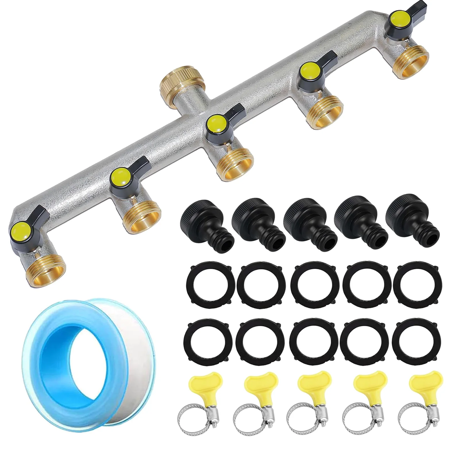 RoseFlower Divisor de Manguera de 5 Vías de Latón con Válvula Independientes, 3/4" Divisor de Manguera de Jardín - Bifurcador Grifo Jardin Distribuidor y Adaptador para jardinería, Riego doméstico