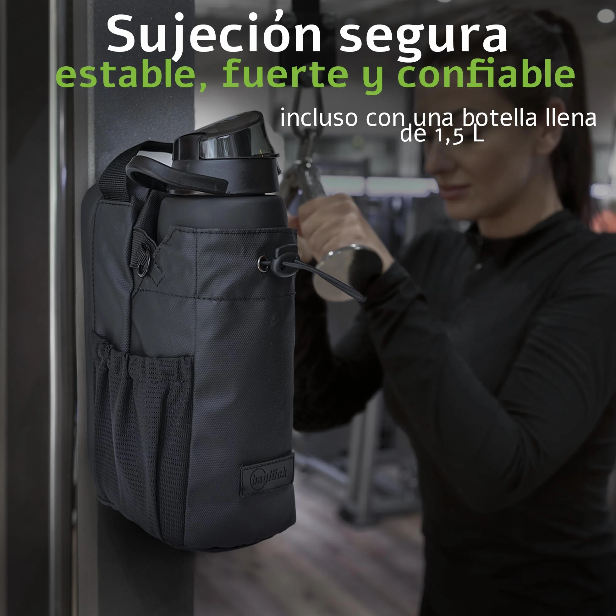 Bolsa Deportiva Magnética para Gimnasio con Soporte para Botella 1,5 L, Correa Ajustable, Negro