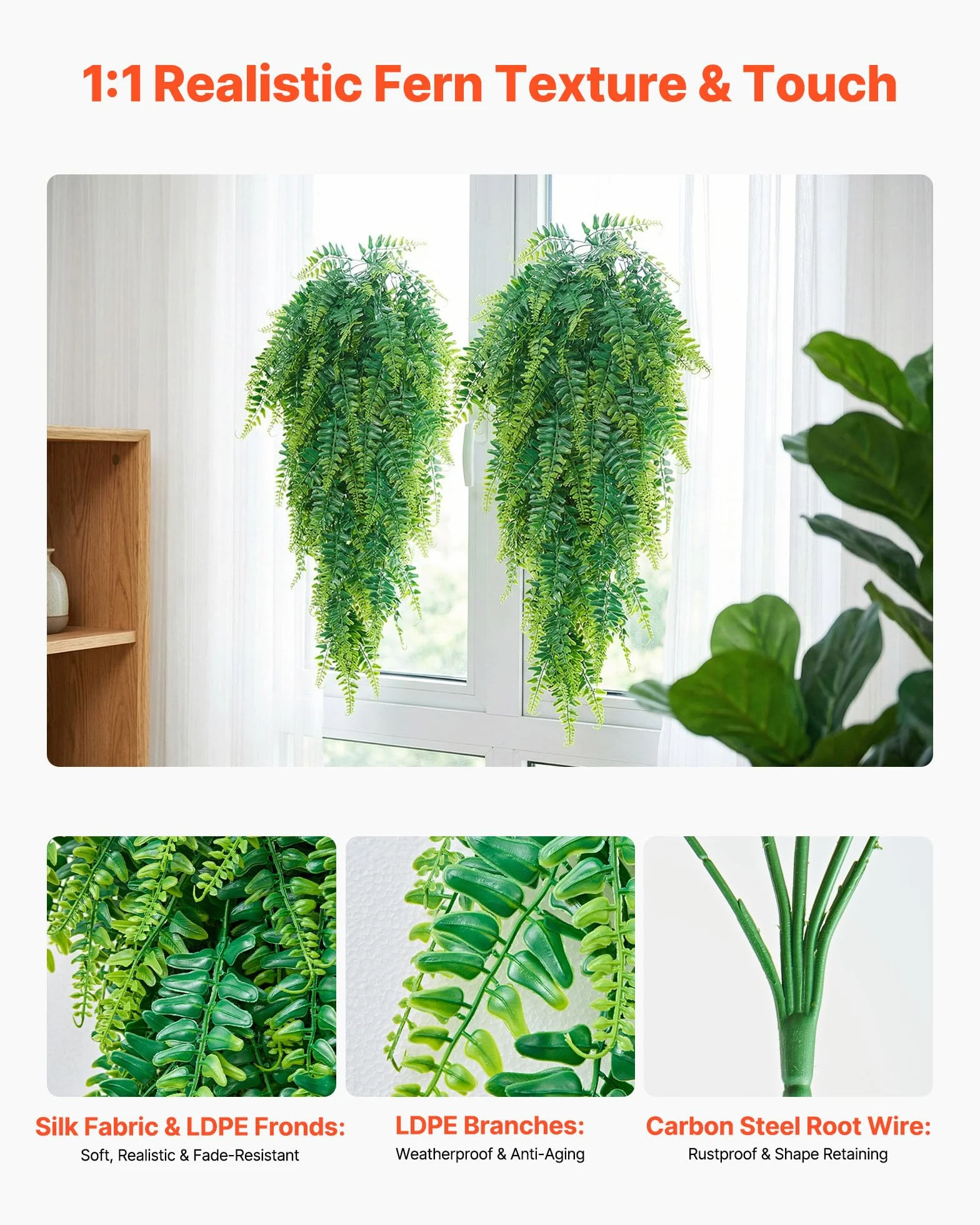 VEVOR Helechos Artificiales Paquete de 12, Helechos de Boston Artificiales Colgantes Longitud de 813 mm, Hojas de Seda y LDPE sin Maceta para Interior y Exterior Porche Balcón Hogar Decoración Jardín