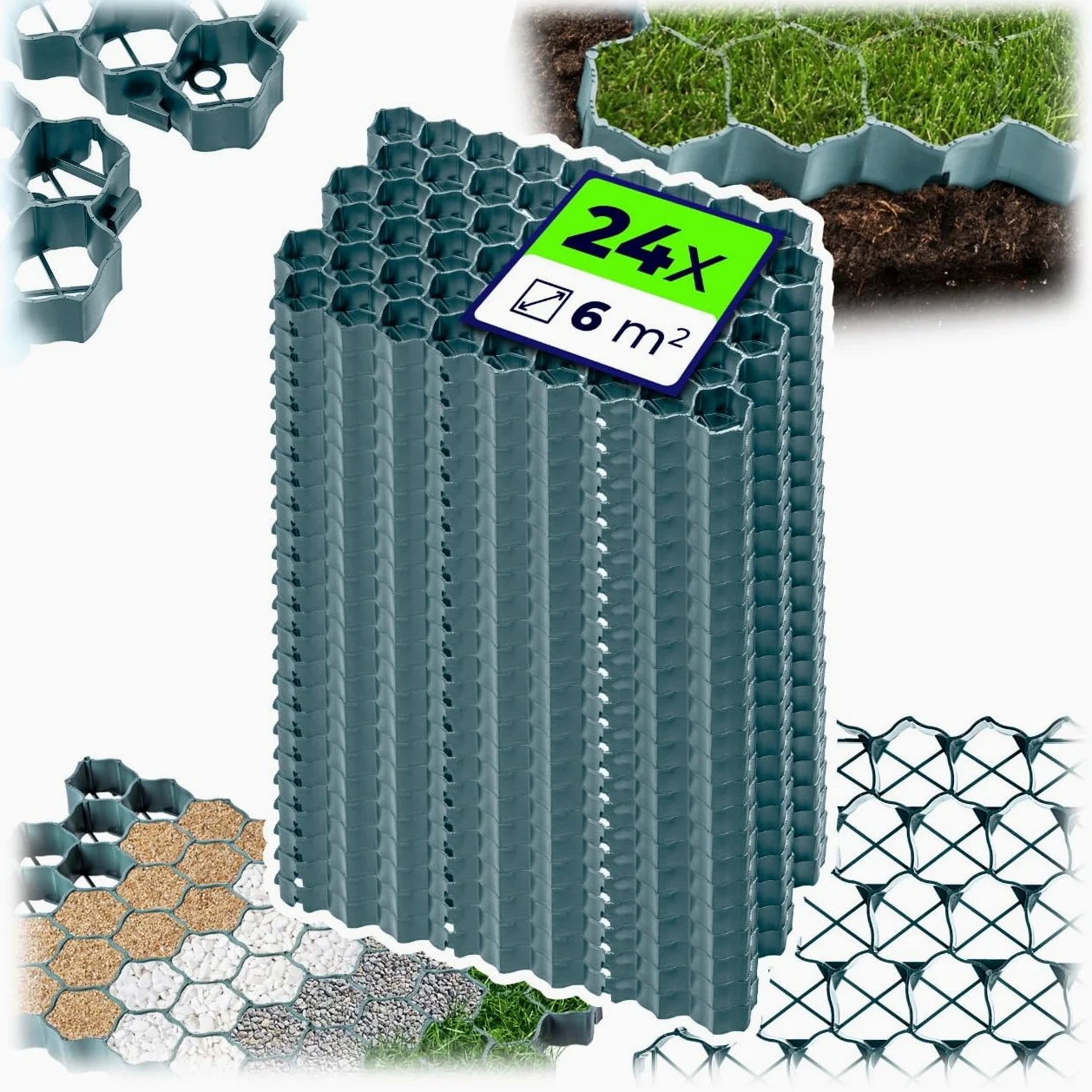 KADAX Placas de plástico, 60 x 40 cm, 6 m˛, 2 Colores, Capacidad de Carga de hasta 1000 toneladas, Rejilla de césped con Puntos Antideslizantes, (Verde, Rectangular, 24 Unidades)