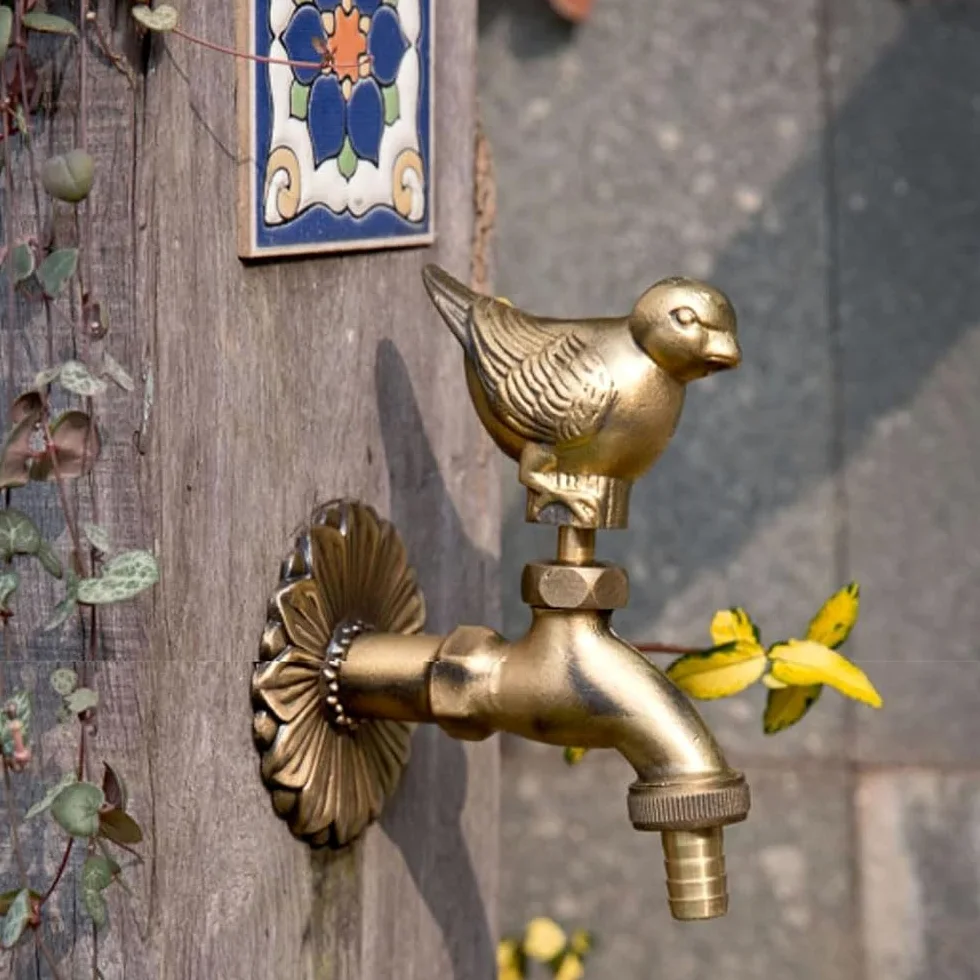 Grifo de latón vintage para jardín, diseño de gorrión de jardín, para manguera de exterior, grifo de agua fría para manguera de jardín