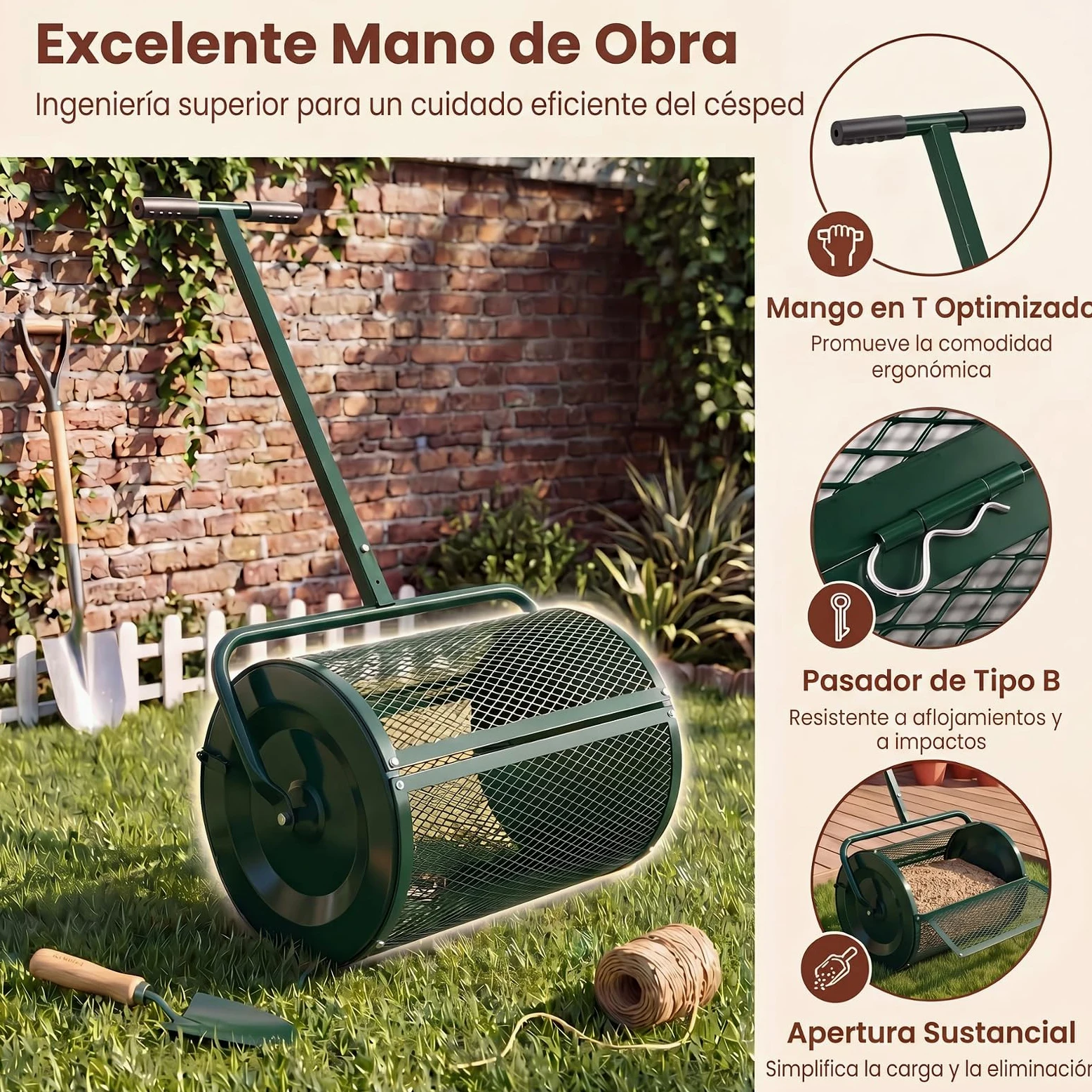 GYMAX Esparcidor de Semillas de Césped, Esparcidor de Abono con Mango de 2 Alturas Ajustables, Estructura de Metal Resistente, Bloqueos Laterales, Dispensador de Compost para Jardín (Verde)