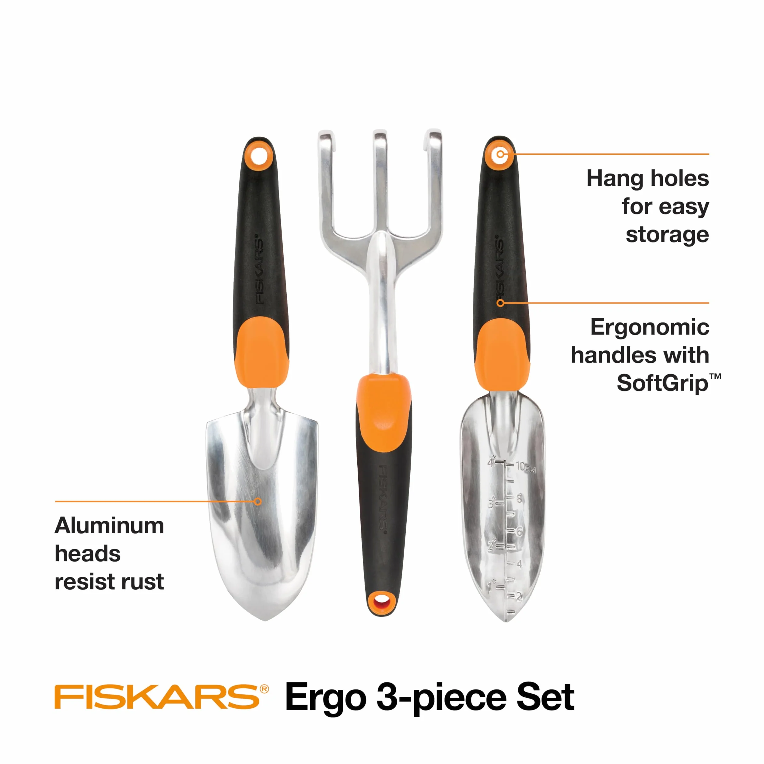 Fiskars Ergo - Juego de Herramientas de jardinería reciclables, Color Negro y Naranja