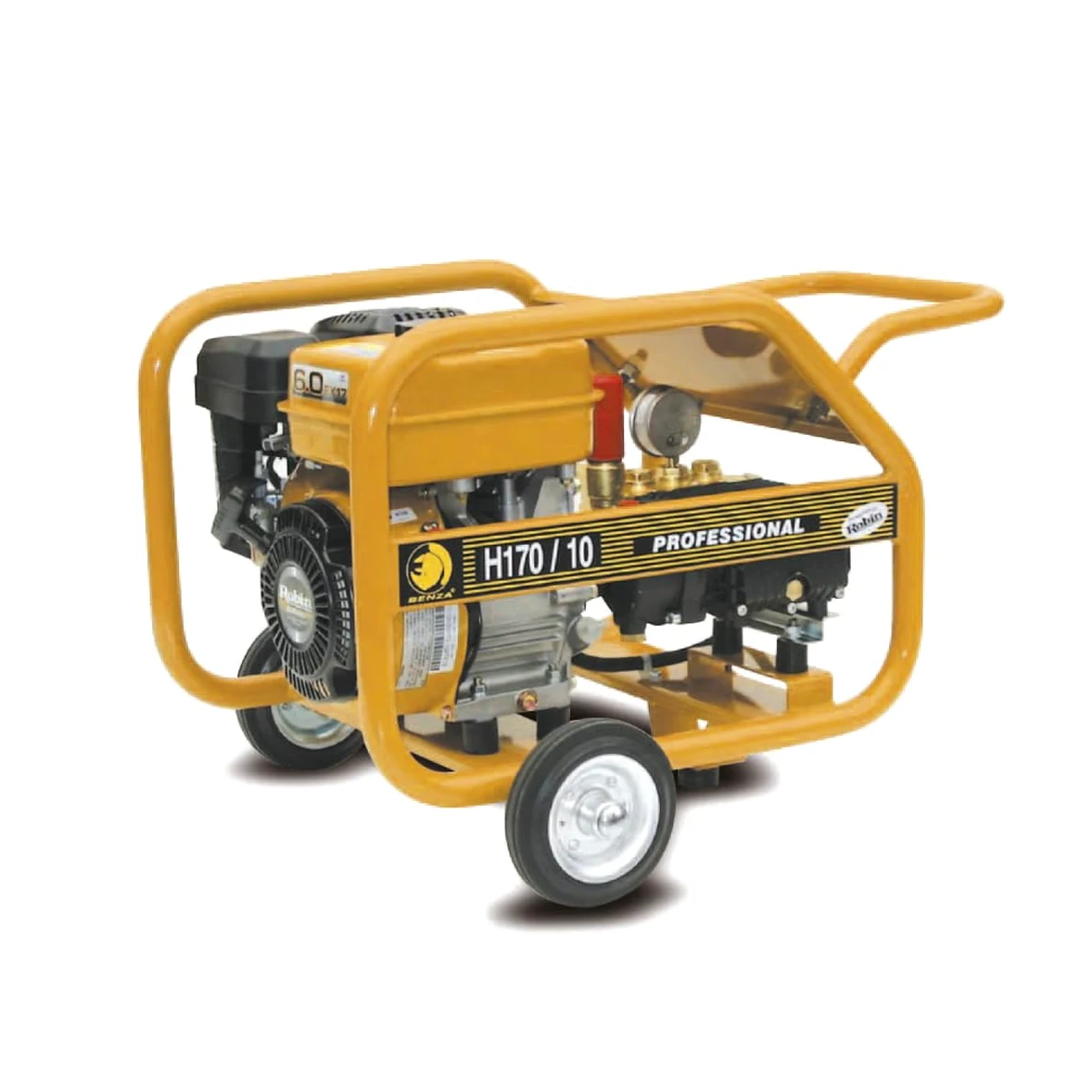 Benza Hidrolimpiadora de Alta Presión H170/10 Professional, Motor Robin 6 HP, 170 Bar, 10 l/min, Arranque Manual, con Ruedas y Manómetro