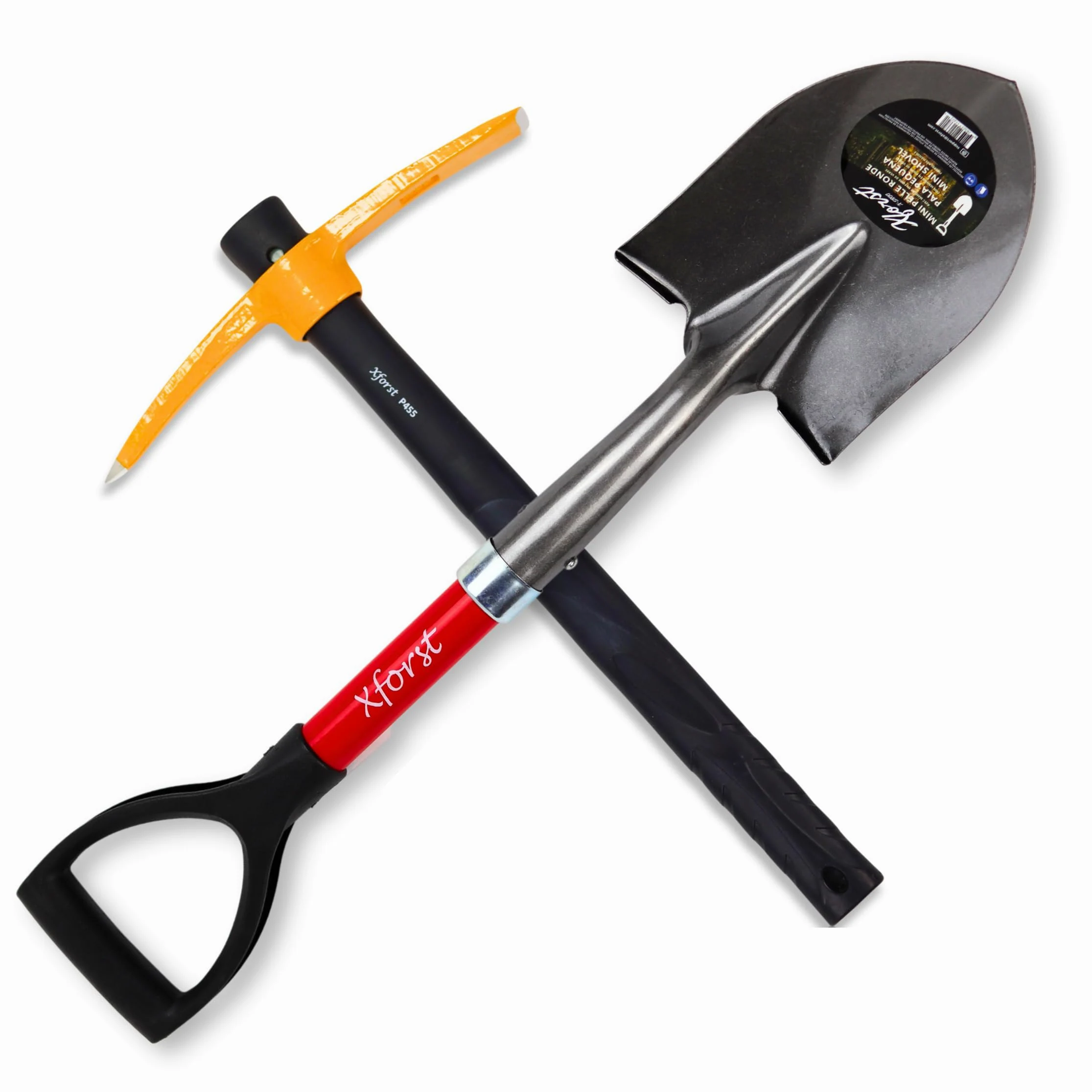 Xforst Juego de jardinería con pioche PF45N y Mini Pala S800, con Mangos de Fibra de Vidrio y Cabezales de Acero Forjado, Resistentes y Ligeros, Ideal para jardinería, y prospección.