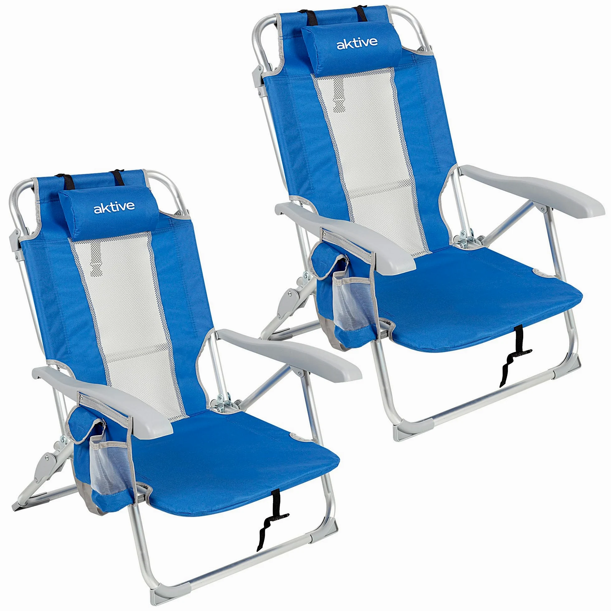 AKTIVE Pack 2 sillas Playa Plegables, 5 Posiciones, Color Azul, 49x56x78 cm, Incluyen cojín Acolchado, Bolsillo Lateral, Asas, Máximo 110 kg, Topes antivuelco, Multiposición, Respaldo reclinable