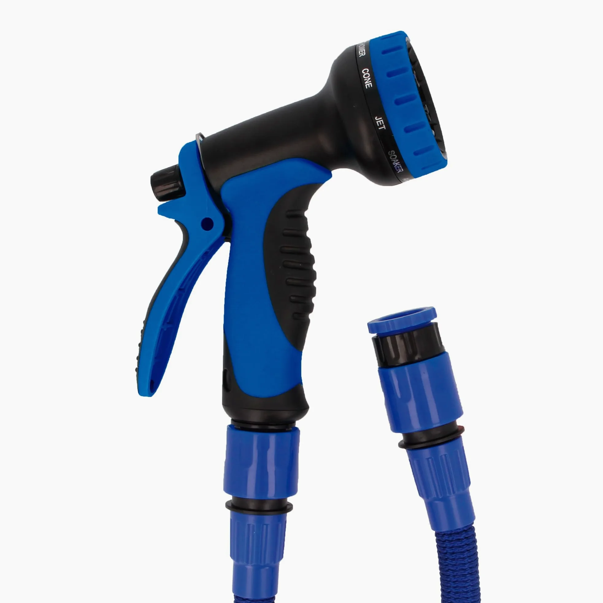 Amig - Manguera Extensible - 15 metros - Incluye Accesorios y Pistola de Riego de 9 Funciones - Soporta Hasta 6 bar. de Presión - Color Azul - Doble Látex