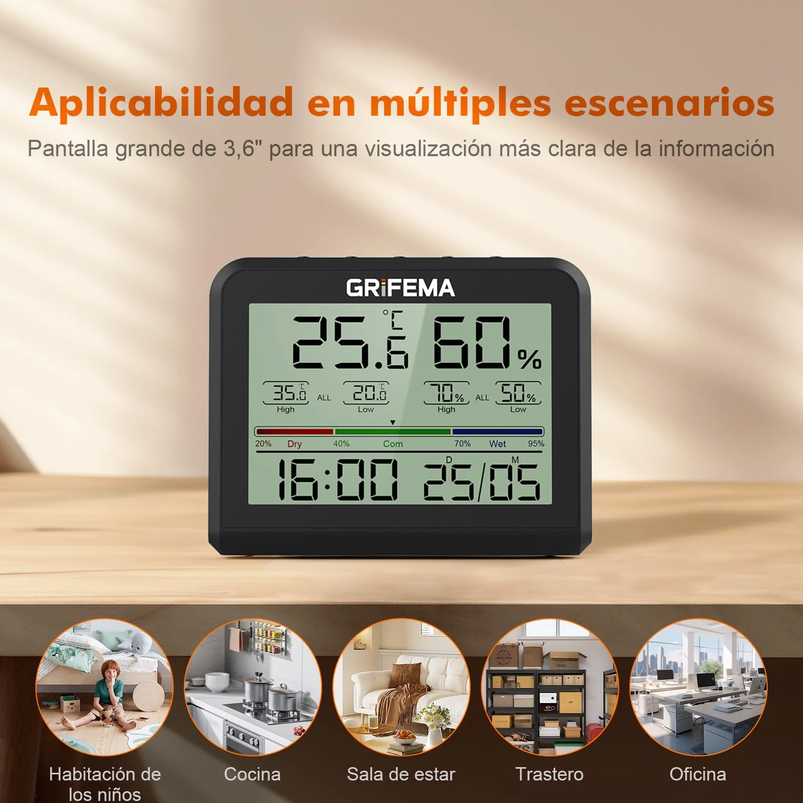 GRIFEMA GA2901B, Termómetro Digital Interior del Higrómetro, Digital Medidor de Humedad con Retroiluminación, Registro Máx/Mín, Reloj/Fecha, Ideal para Hogar/Invernadero, Negro