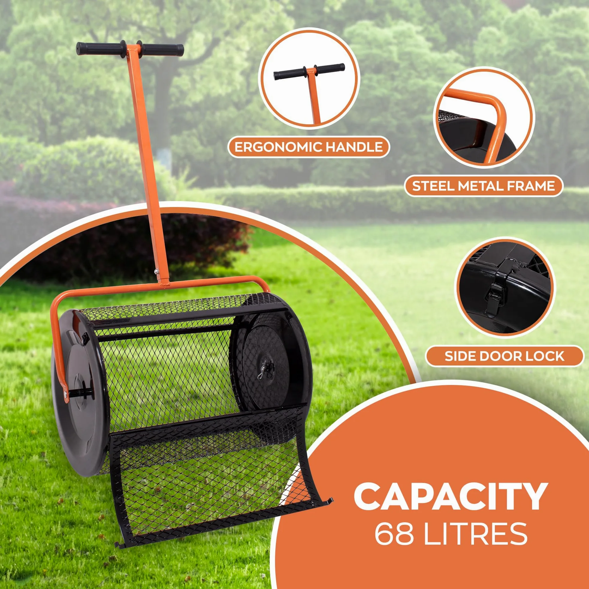 BOUDECH Spreader – Esparcidor de rodillo de jardín 60 x 107 x 39,5 cm para abono y siembra, jaula de metal naranja
