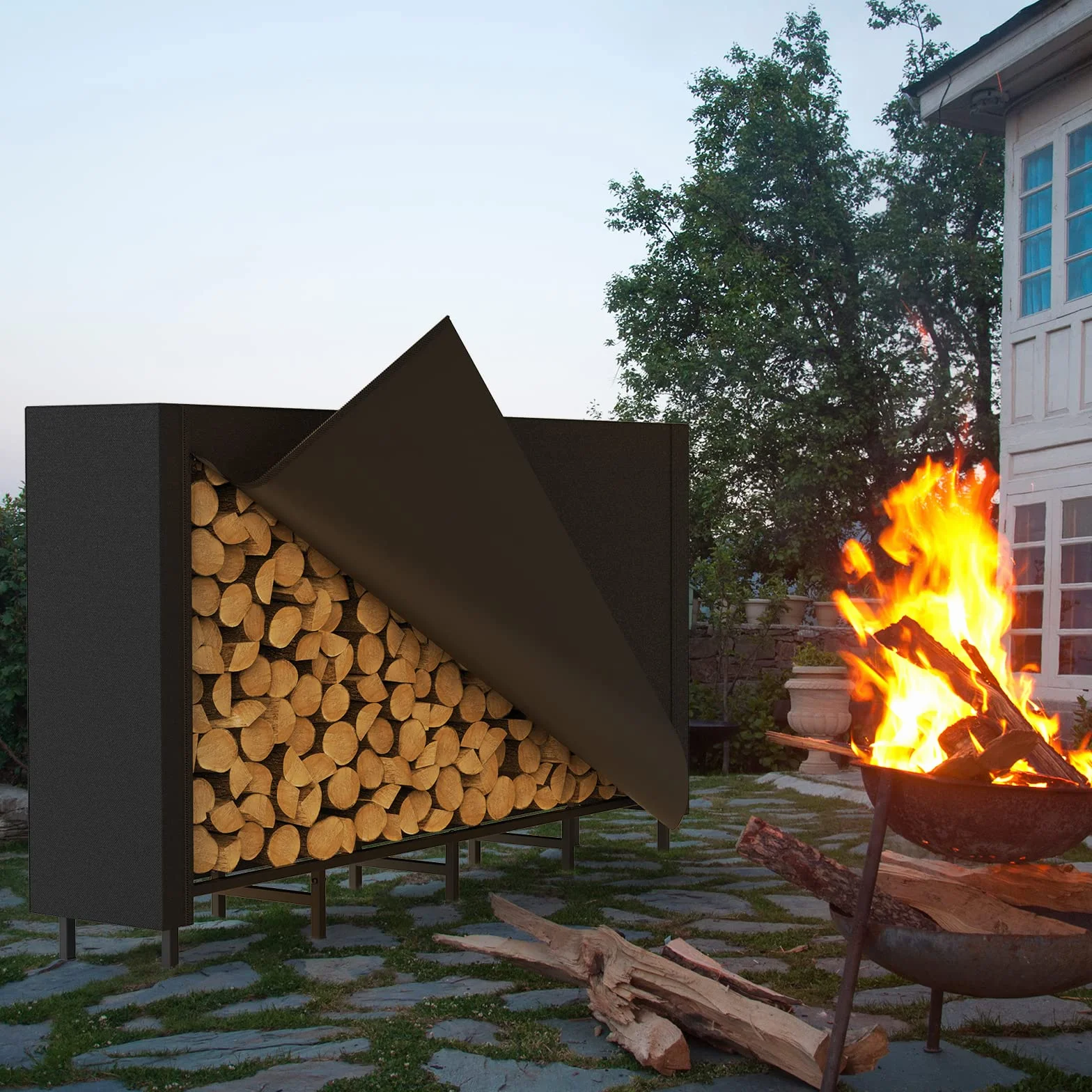 Estante de leña para Exteriores con Cubierta, Estante de leña de 5.5 pies para Chimenea, Almacenamiento de leña, Soporte de leña para Interiores, Ajustable, Resistente, Tela Oxford Impermeable Negra