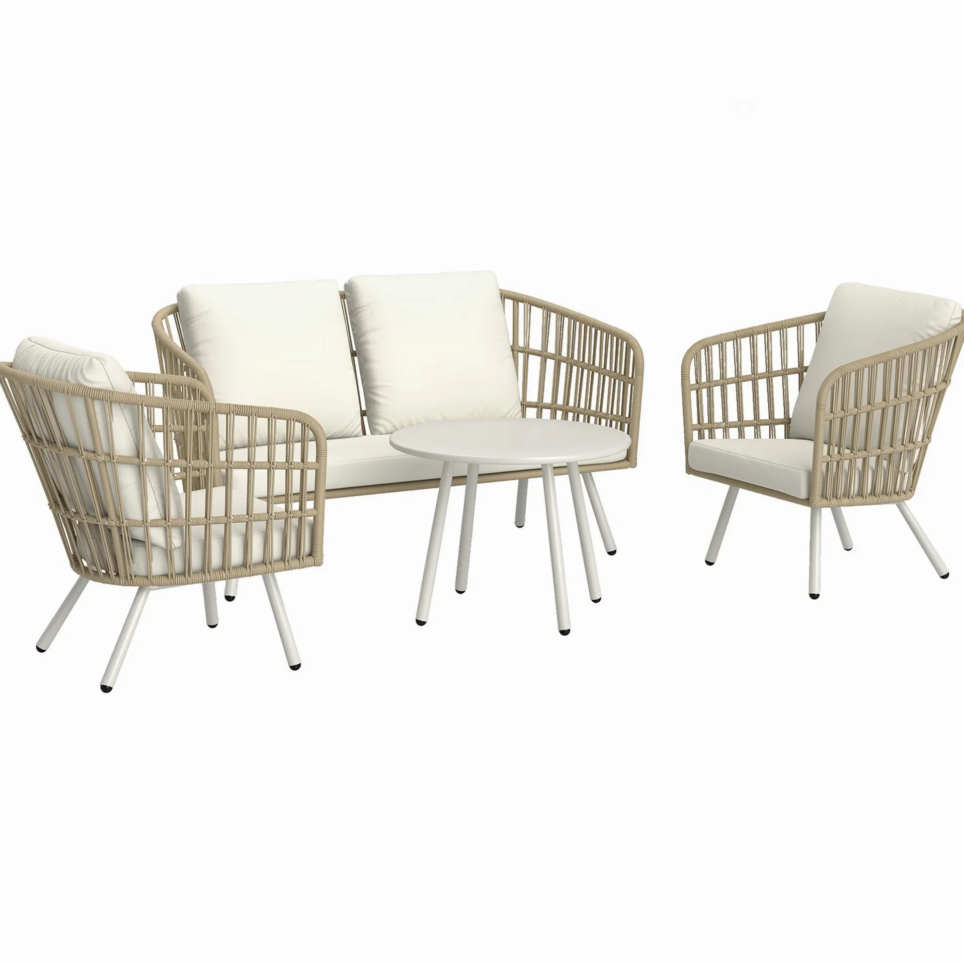 Outsunny Conjunto de Jardín Exterior de Ratán Sintético de 4 Piezas Muebles de Jardín Exterior con Sofá de 2 Plazas 2 Sillones 1 Mesa de Centro de Metal con Cojines Crema y Natural