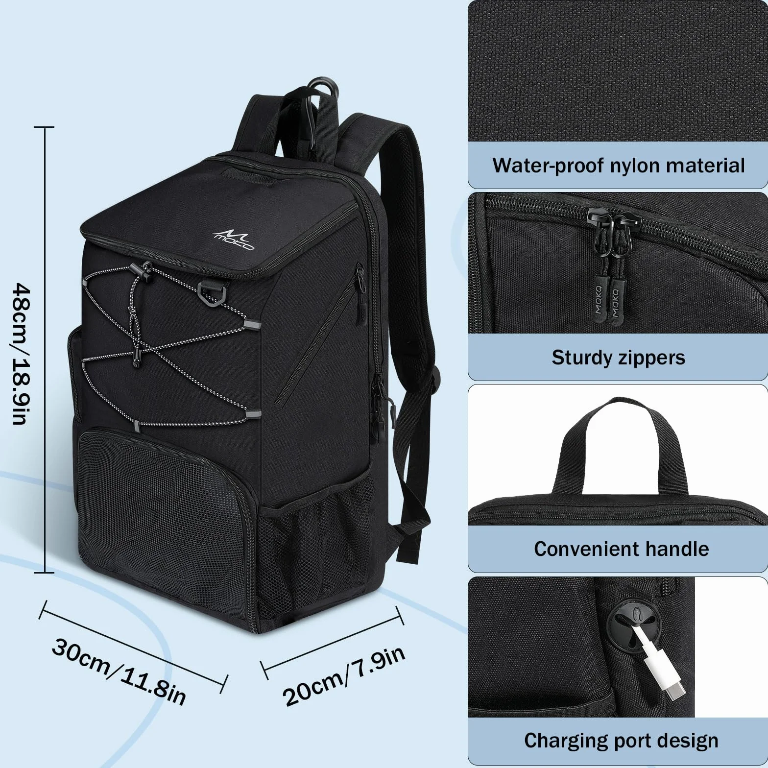 MoKo Mochila de Baloncesto Transpirable con Bolsa para Zapatillas, Múltiples Bolsillos, Gancho Oculto, Puerto de Carga, Negro