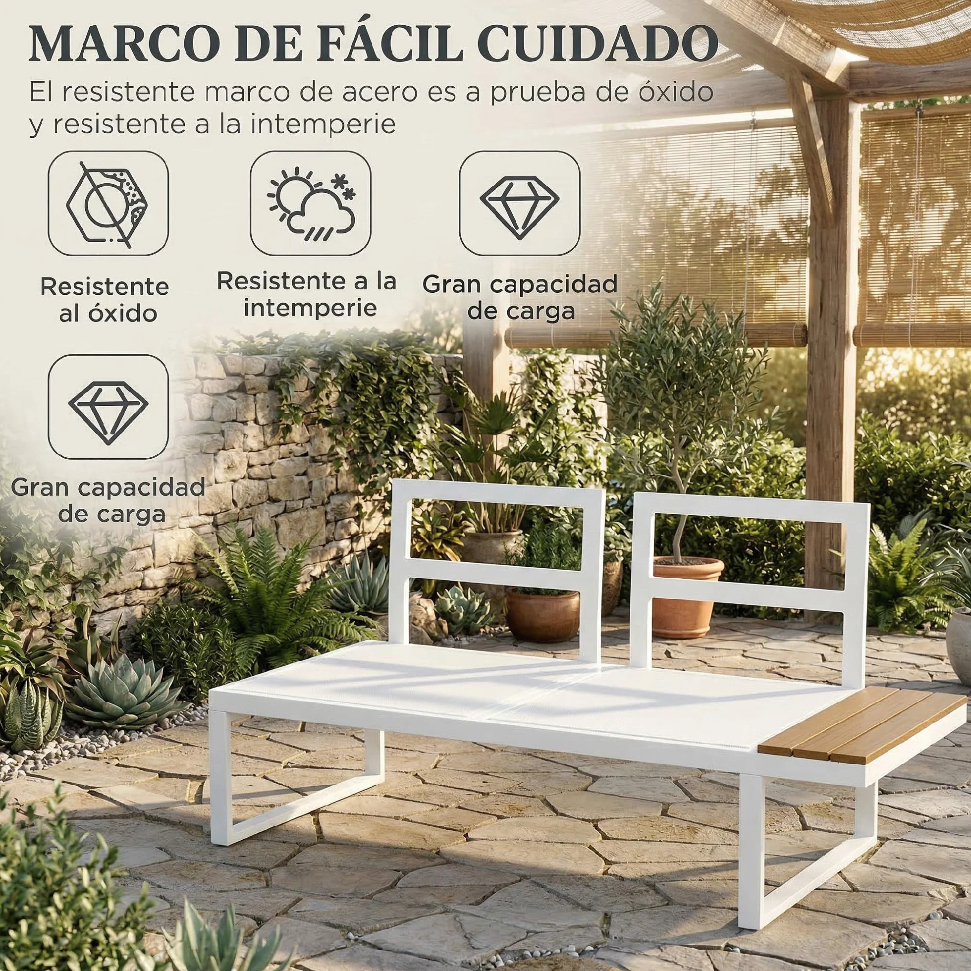 Outsunny Conjunto de Muebles de Jardín Exterior 4 Piezas Juego de Muebles de Terraza Incluye 2 Sofás Dobles 1 Sofá Esquinero Reclinable y Mesa de Centro Mesita Lateral con Cojines para Patio Crema