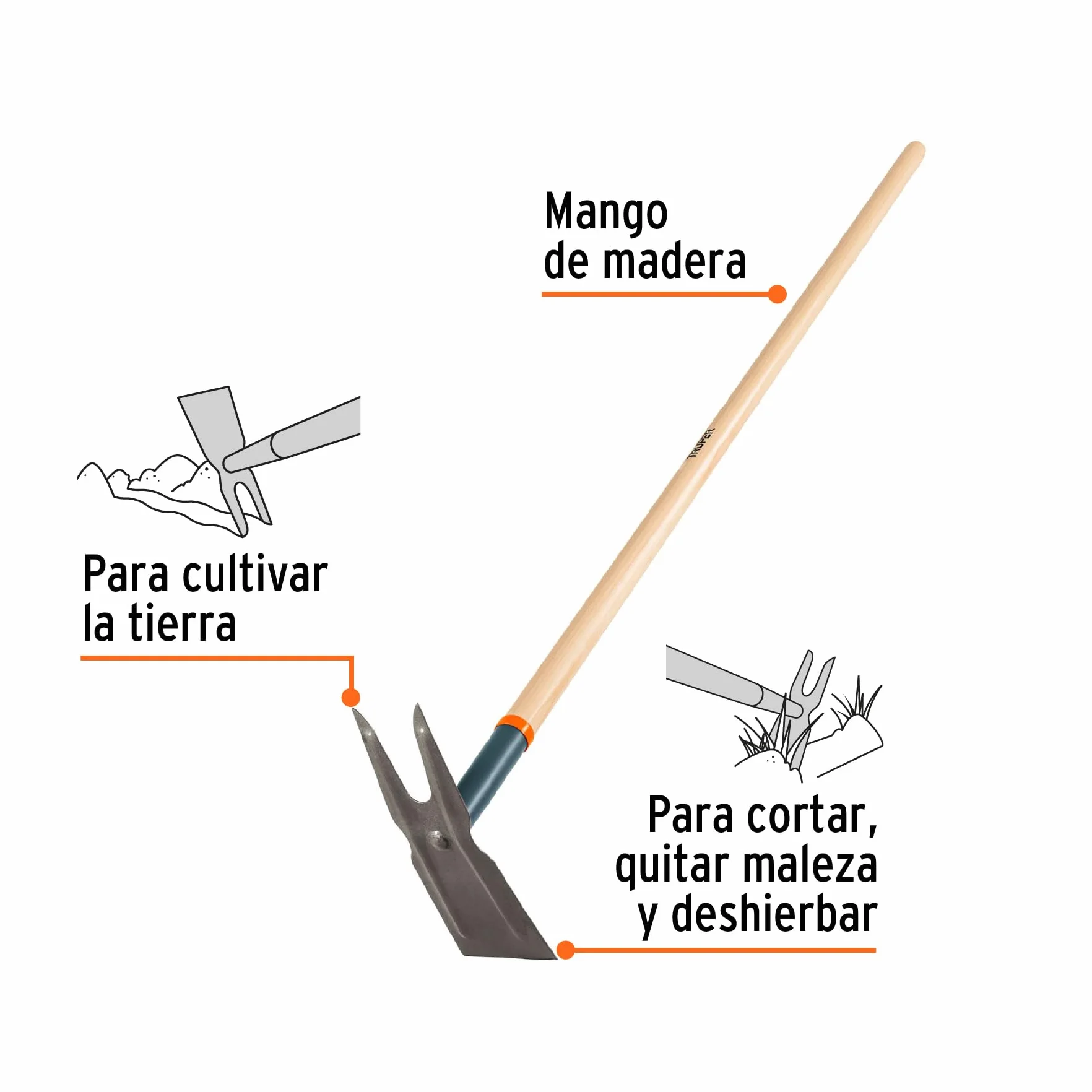 Truper A2C, Azadón dos cuernos, mango madera de 54"