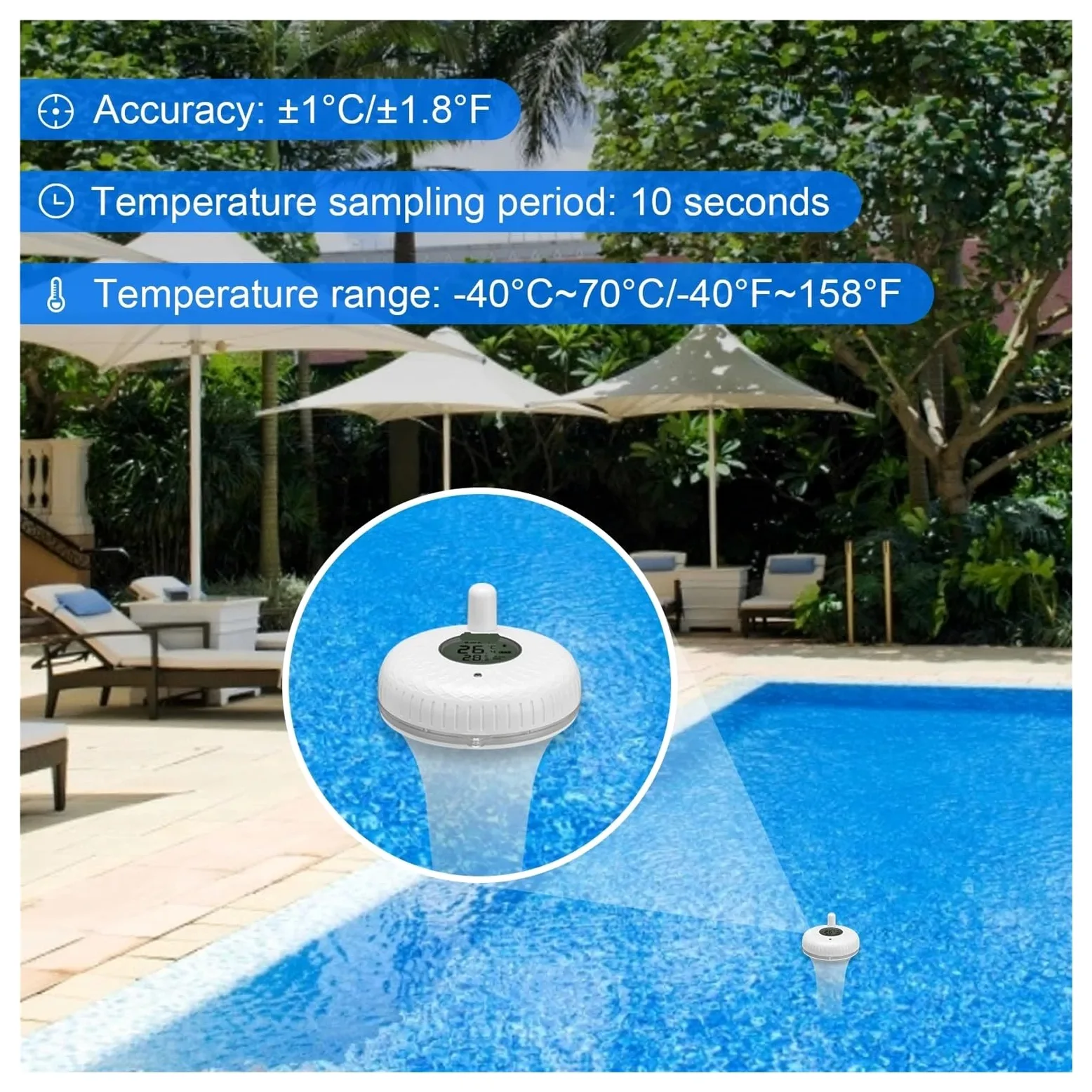 Termómetro Flotante inalámbrico for Piscina, IPX7, Digital, Resistente al Agua, for estanques, acuarios, jacuzzis y Piscinas.(Wireless Version)