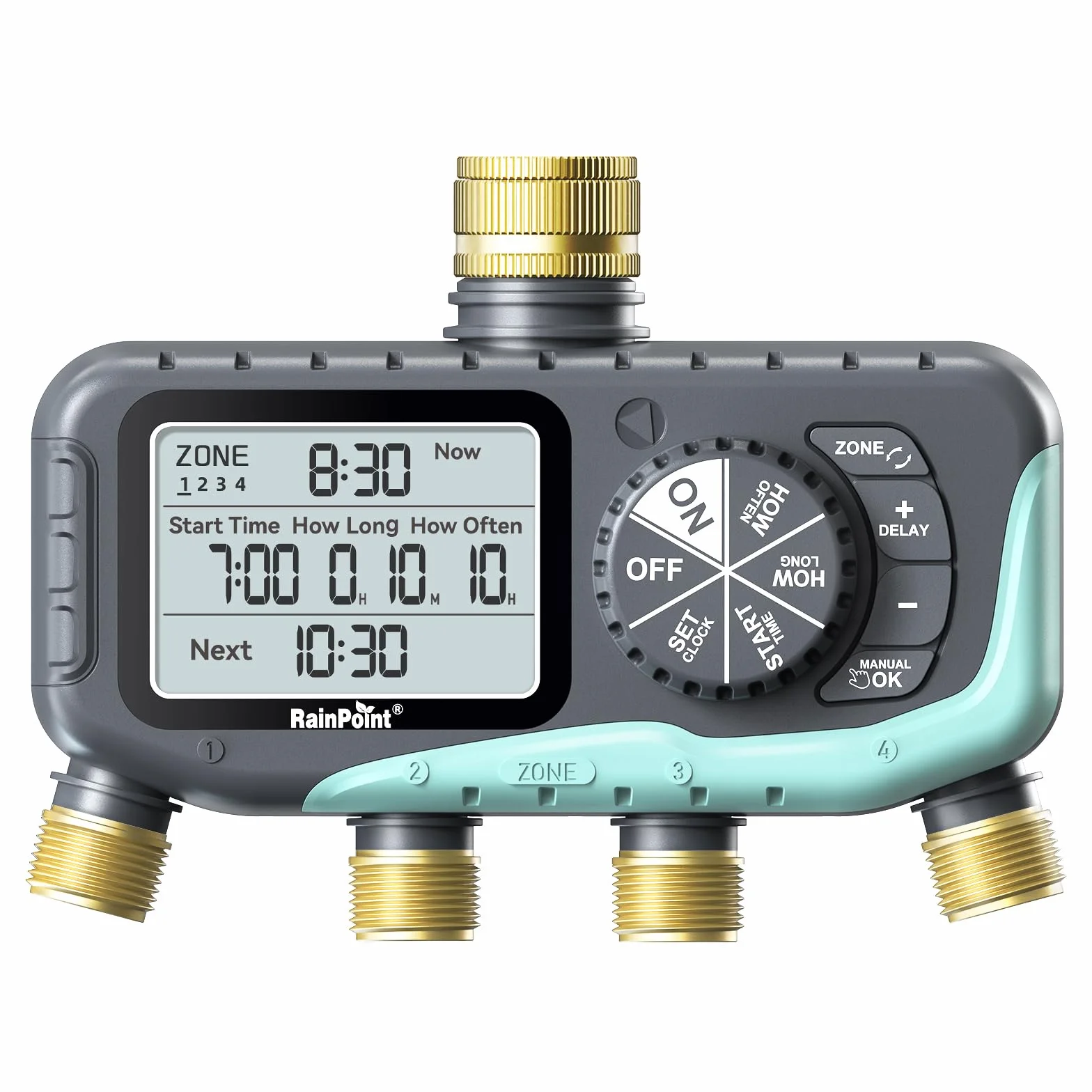 RAINPOINT Programador Riego 4 Salidas, Entrada y Salida de Latón, Impermeable IP65, Temporizador de Riego Automático con Retardo de Lluvia/Riego Manual, para Invernadero, Césped y Jardín