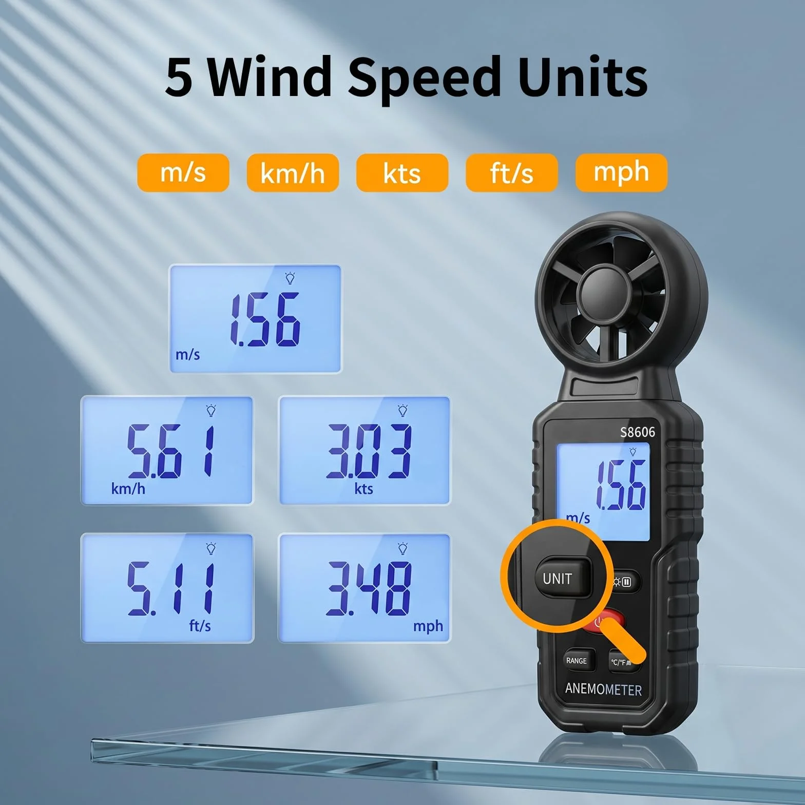Anemómetro Digital Portátil 3 en 1 con Pantalla LCD Retroiluminada, Medidor de Velocidad del Viento, Temperatura y Flujo de Aire, Funciones MAX/MIN/AVG, para Navegación, Drones, Surf y Pesca