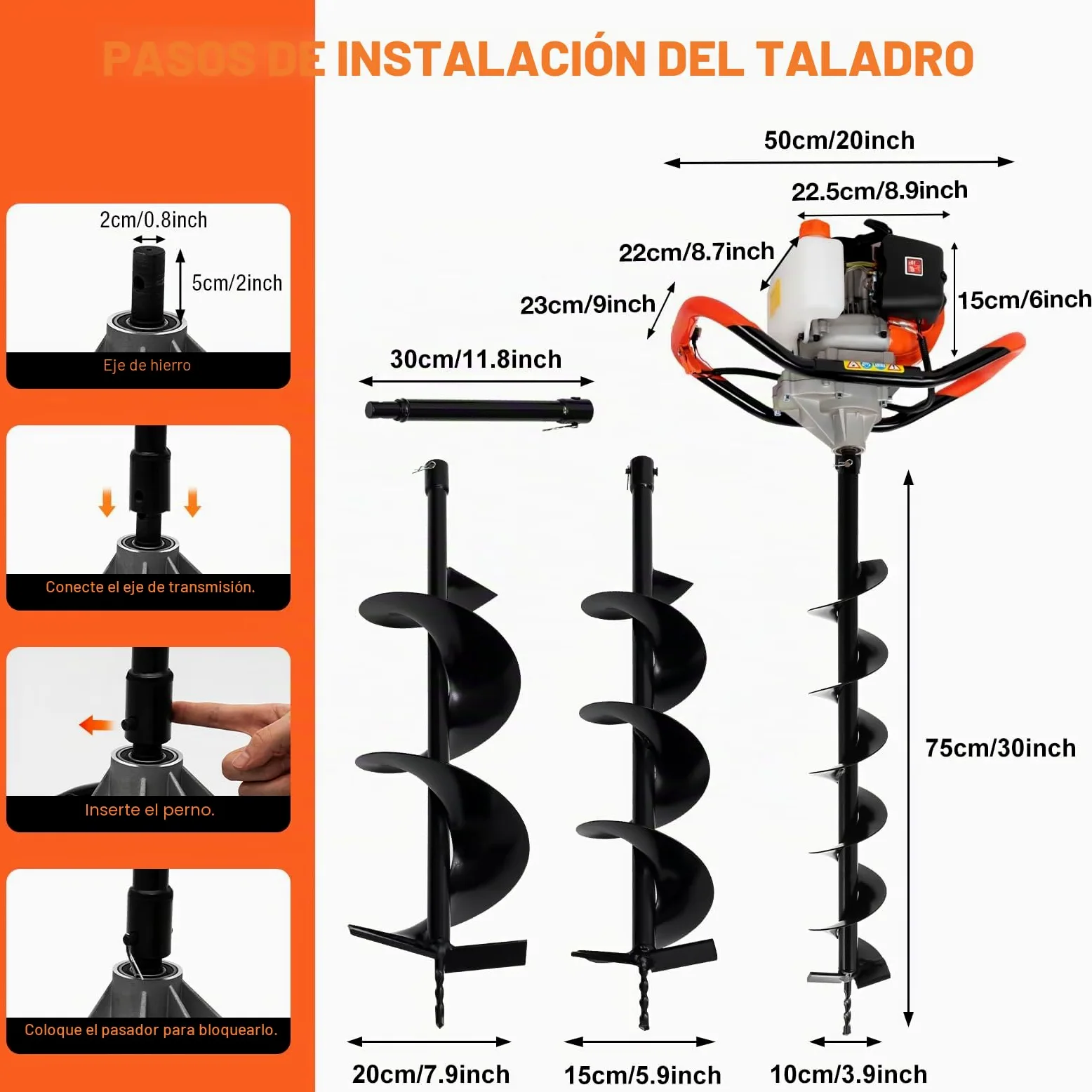 52CC Ahoyadora Gasolina 2 Tiempos Taladro de Tierra Gasolina con 3 Brocas (10/15/20 cm) + 30 cm Extensión Antivibración, Broca Jardín para Plantación de Jardines, Suelto Vegetal Cultivo | Perforadora de tierra de gasolina, varilla de extensión antivibraci