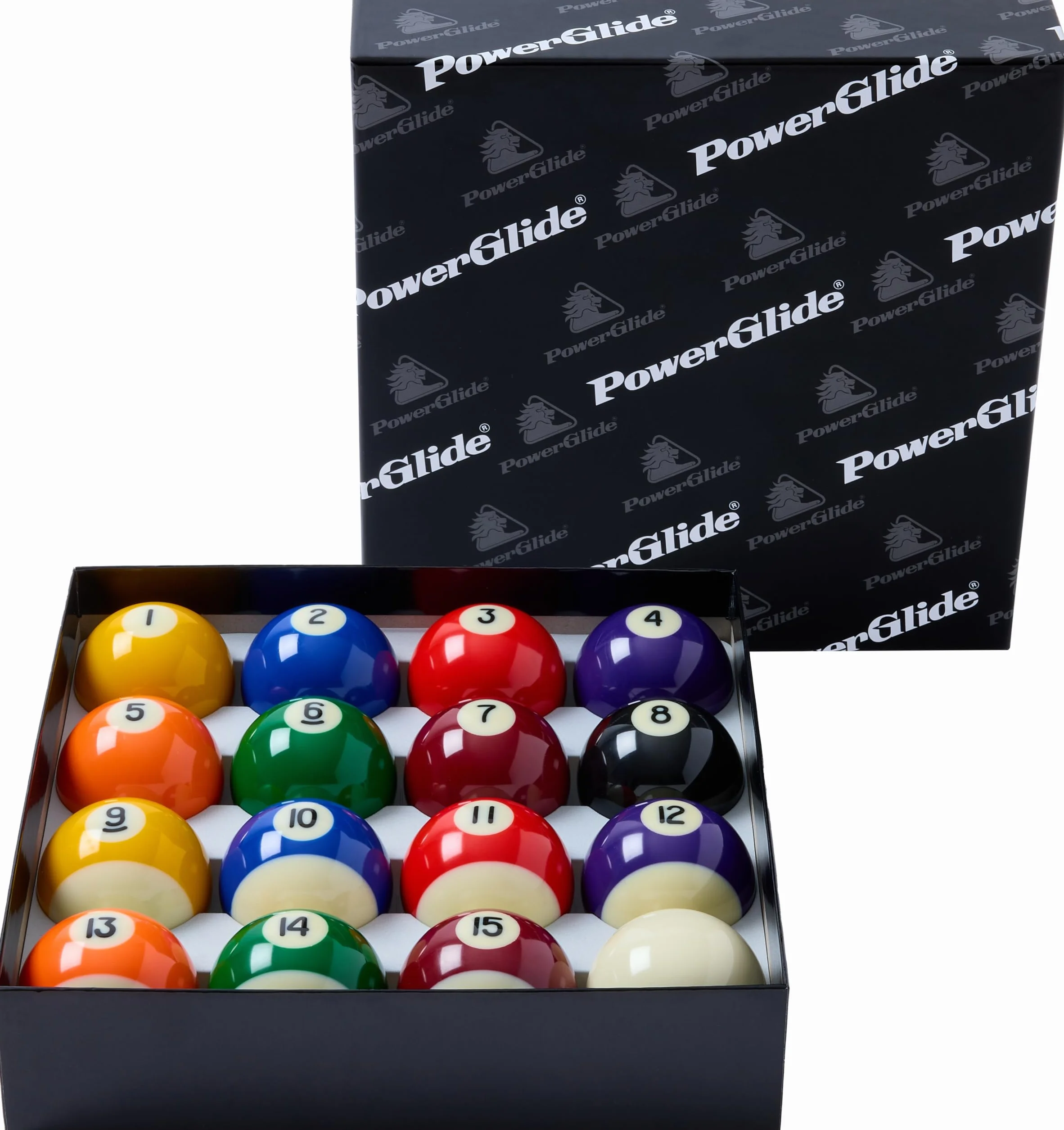 Juego de Billar PowerGlide 16 Bolas Torneo Puntos Rayas Rojo Amarillo 1 7/8 2 2 1/4 Pulgadas Caja