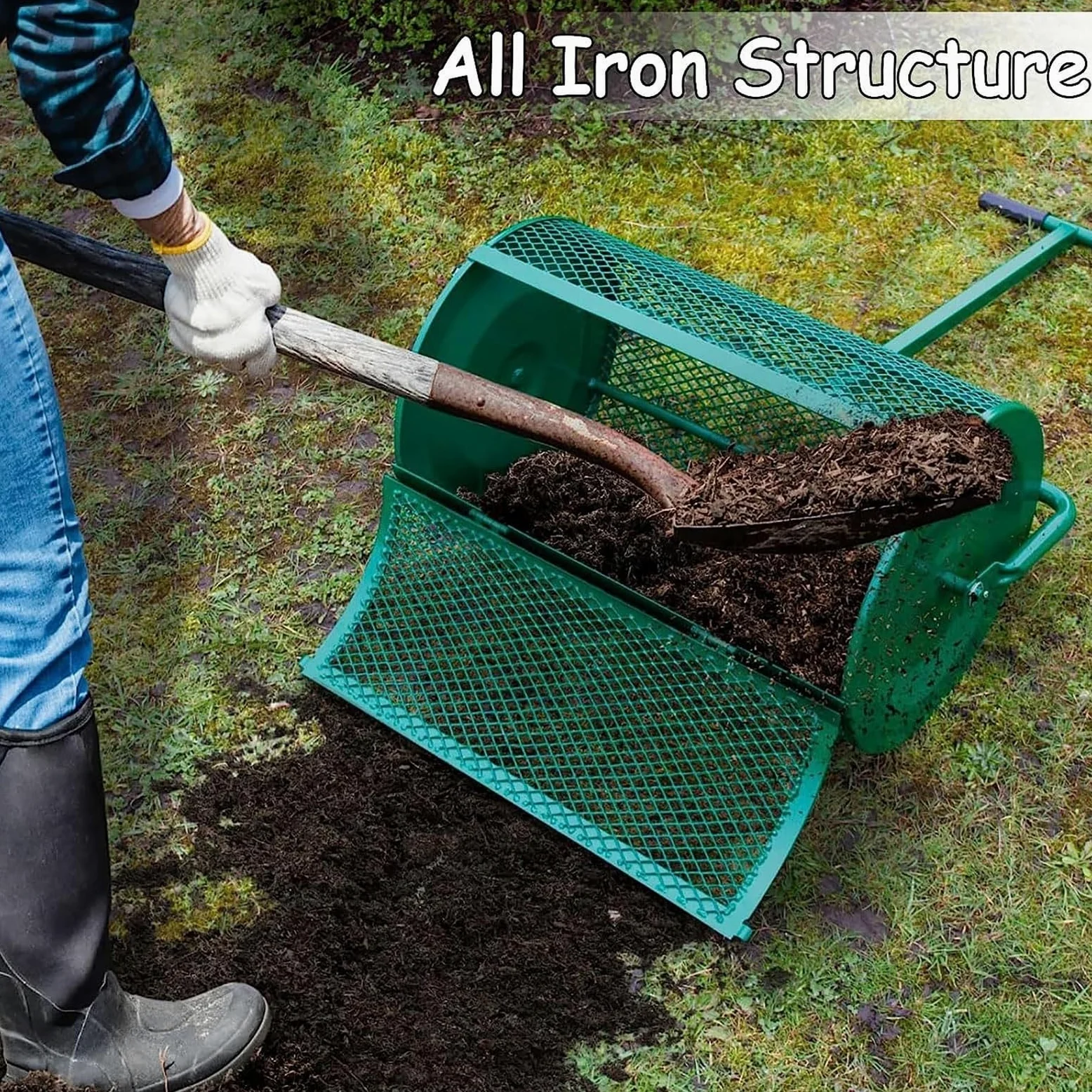 Esparcidor de abono de jardín con mango largo, cesta de malla de metal para césped y césped, fertilizante eficiente para abono y esparcidor de semillas, 40 x 60 cm, ideal para jardineros