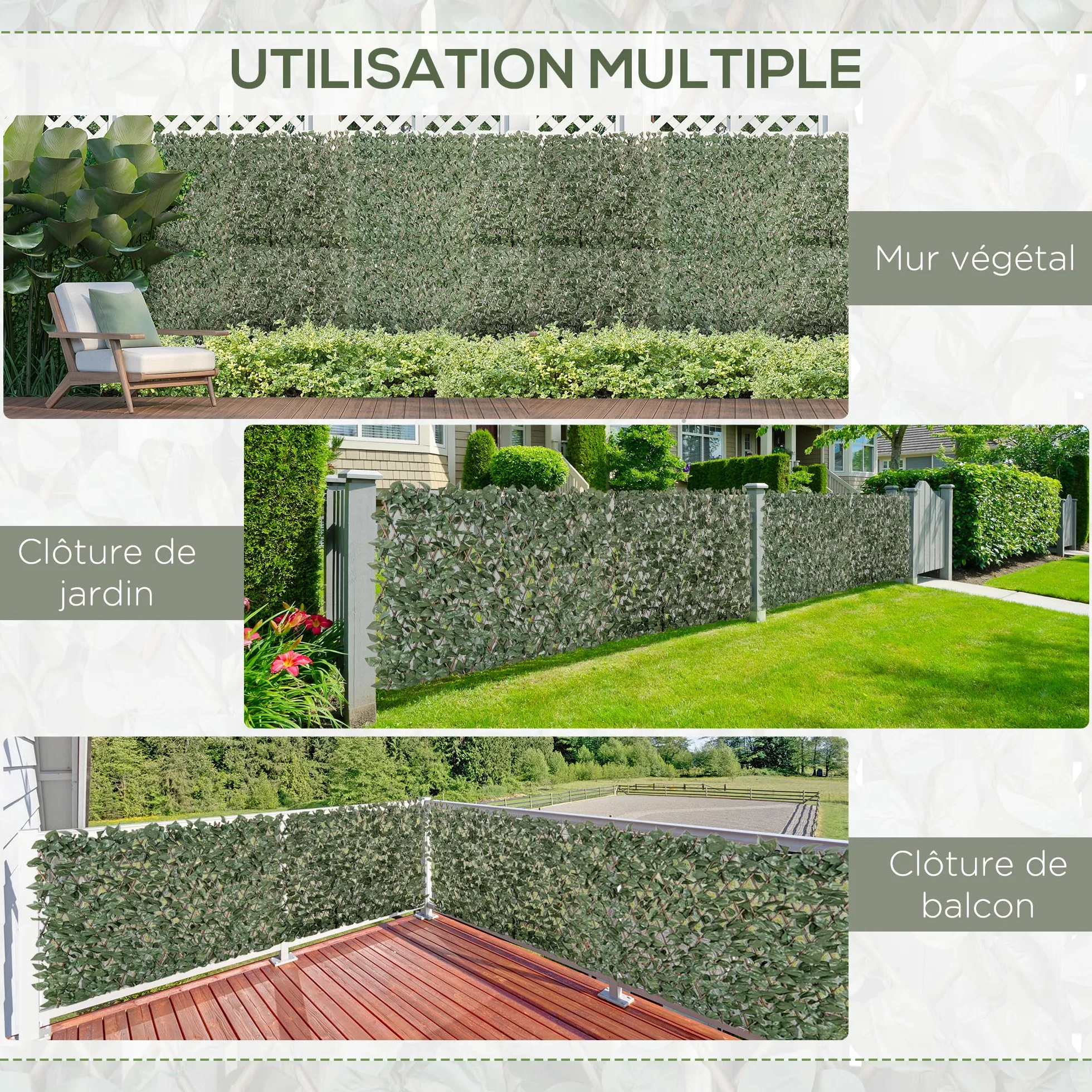 Outsunny Valla enrejado expandible hojas artif. 4pcs 2mx1m Verde | Enrejado Decorativo, Pantalla de Privacidad Telescópica de Jardín, Paredes Verdes, Decoración de Jardín Balcón Hogar