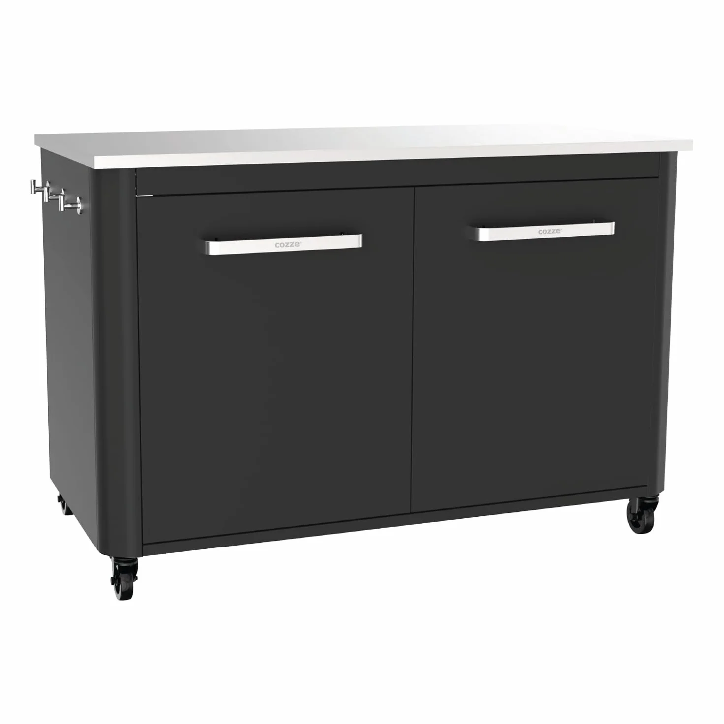 Cozze Mesa de exterior con sobre de acero inoxidable, 2 puertas y 4 ruedas acero inoxidable/negro/gris