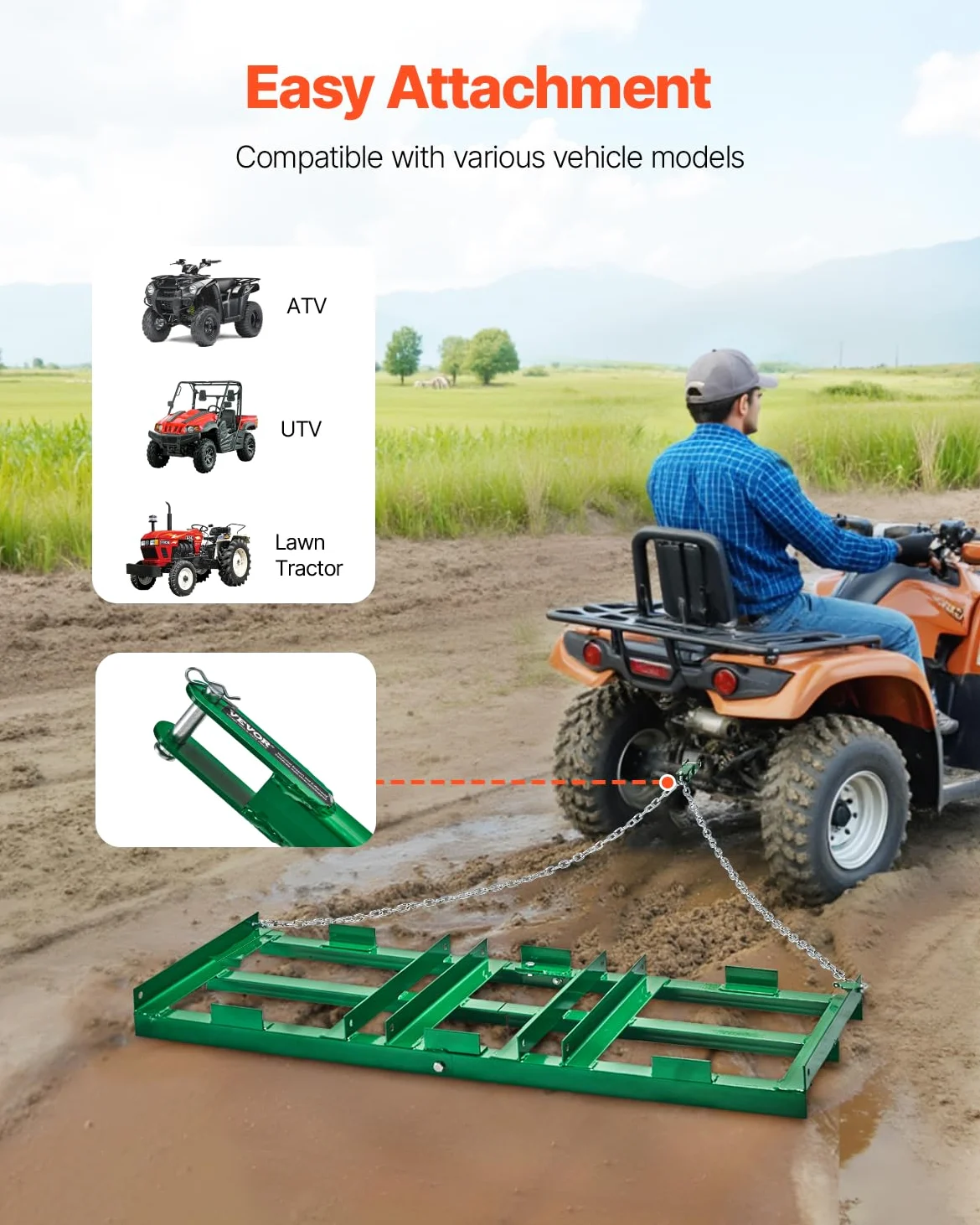 VEVOR Rastrillo de Arrastre 122 cm Cadena de 183 mm Nivelación de Caminos Acceso Vehículos Todo Terreno