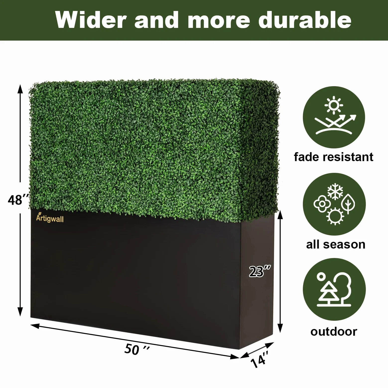 Pared de seto artificial con maceta negra cubierta por popular boj verde oscuro anti-UV, 50 pulgadas de largo x 48 pulgadas de alto x 14 pulgadas de profundidad