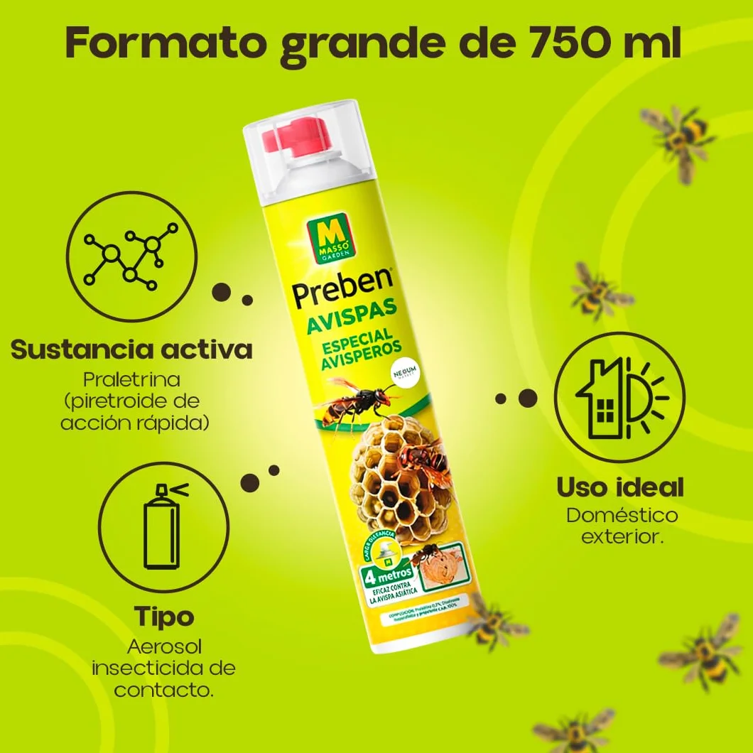 PREBEN Insecticida Avispas | Especial Avisperos 750 ml | Spray de Largo Alcance | Muy Eficaz para Avispas, Avispas Asiática y Avispones | Pulveriza hasta 4 Metros | Uso Exterior | Nexum Market