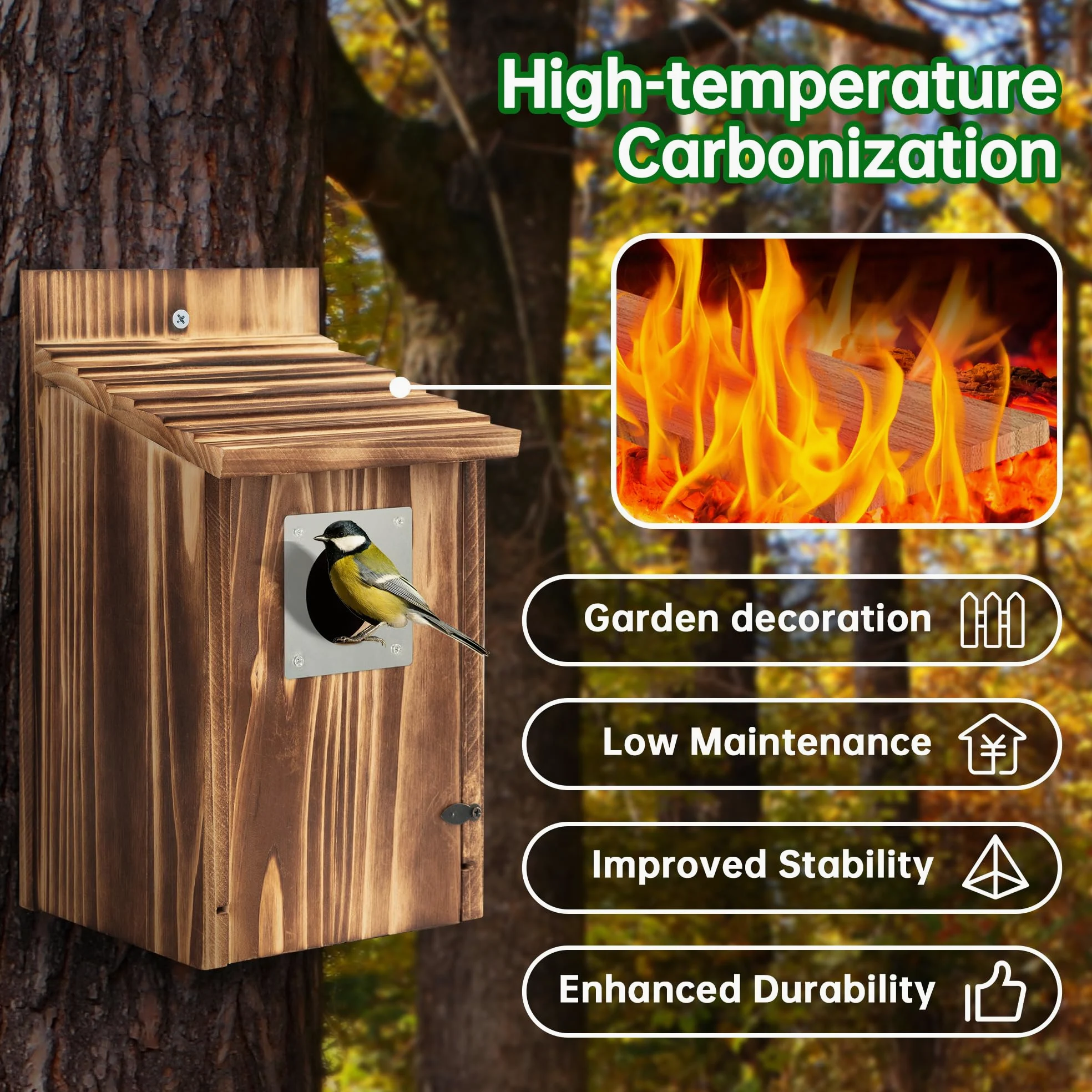 Paquete de 2 casas para pájaros para exteriores con protector de depredador de metal para pinzón de golondrina de pájaro azul, cajas de anidación de madera carbonizada para exteriores, casa de pájaros
