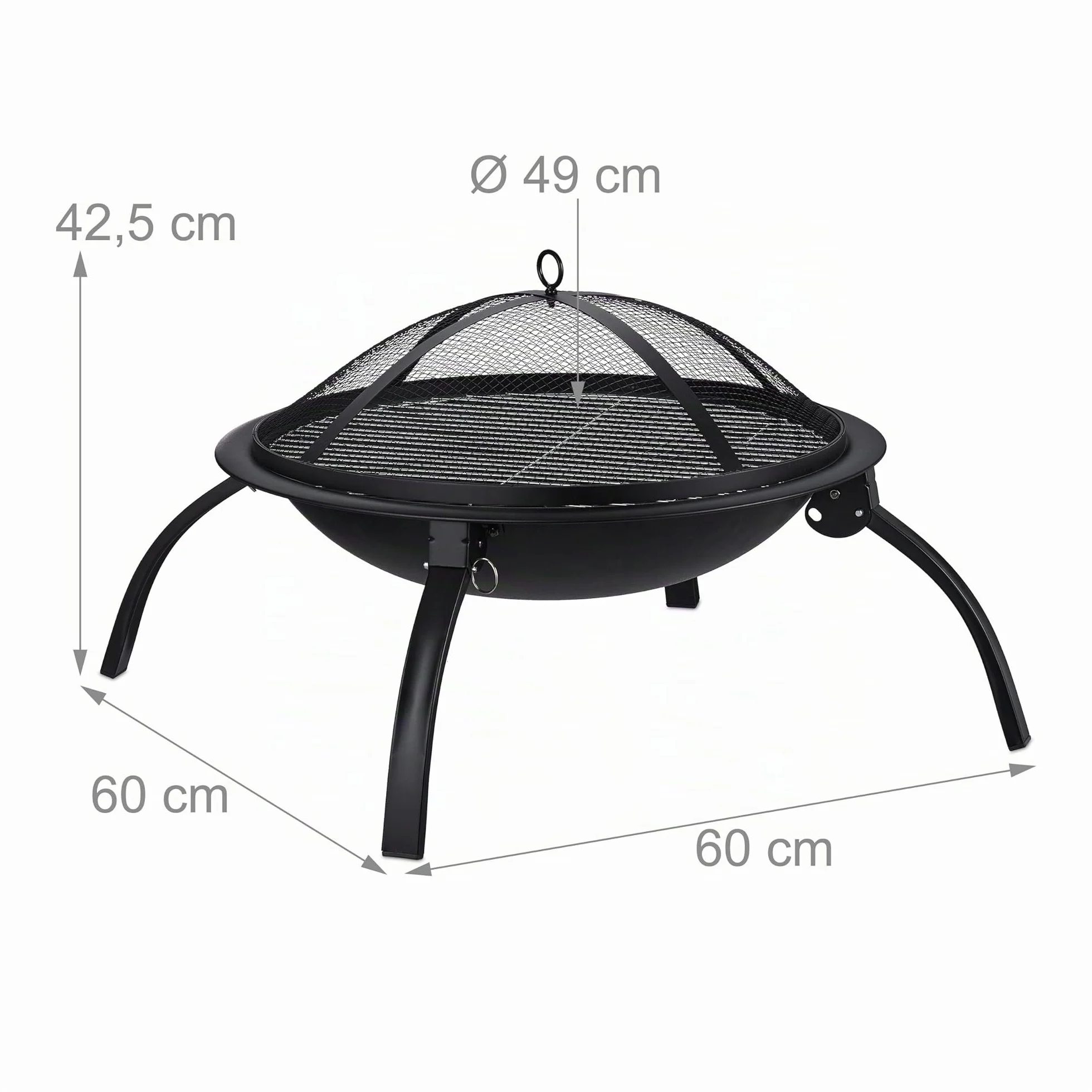 Relaxdays Brasero para jardín, Parrilla de Barbacoa, Atizador, Tapa contra chispas, Cuenco para hogueras, 56,5 cm, Negro