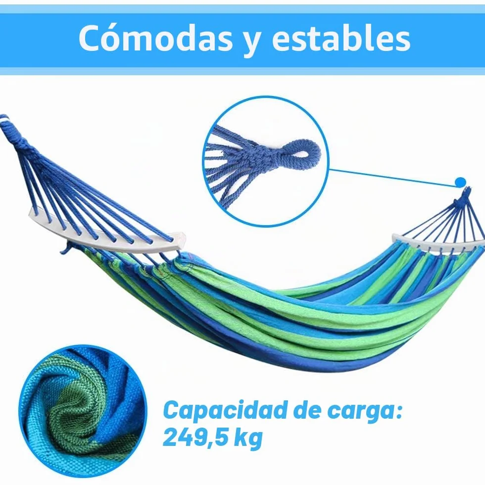 Hamacas Dobles, Hamacas Colgantes Jardin al Aire Libre Cama Portátil de Lona con Cuerdas para Acampar Capacidad de 300kg, para Jardín Patio Trasero Playa Mochileros,280 x 150 cm,Azul