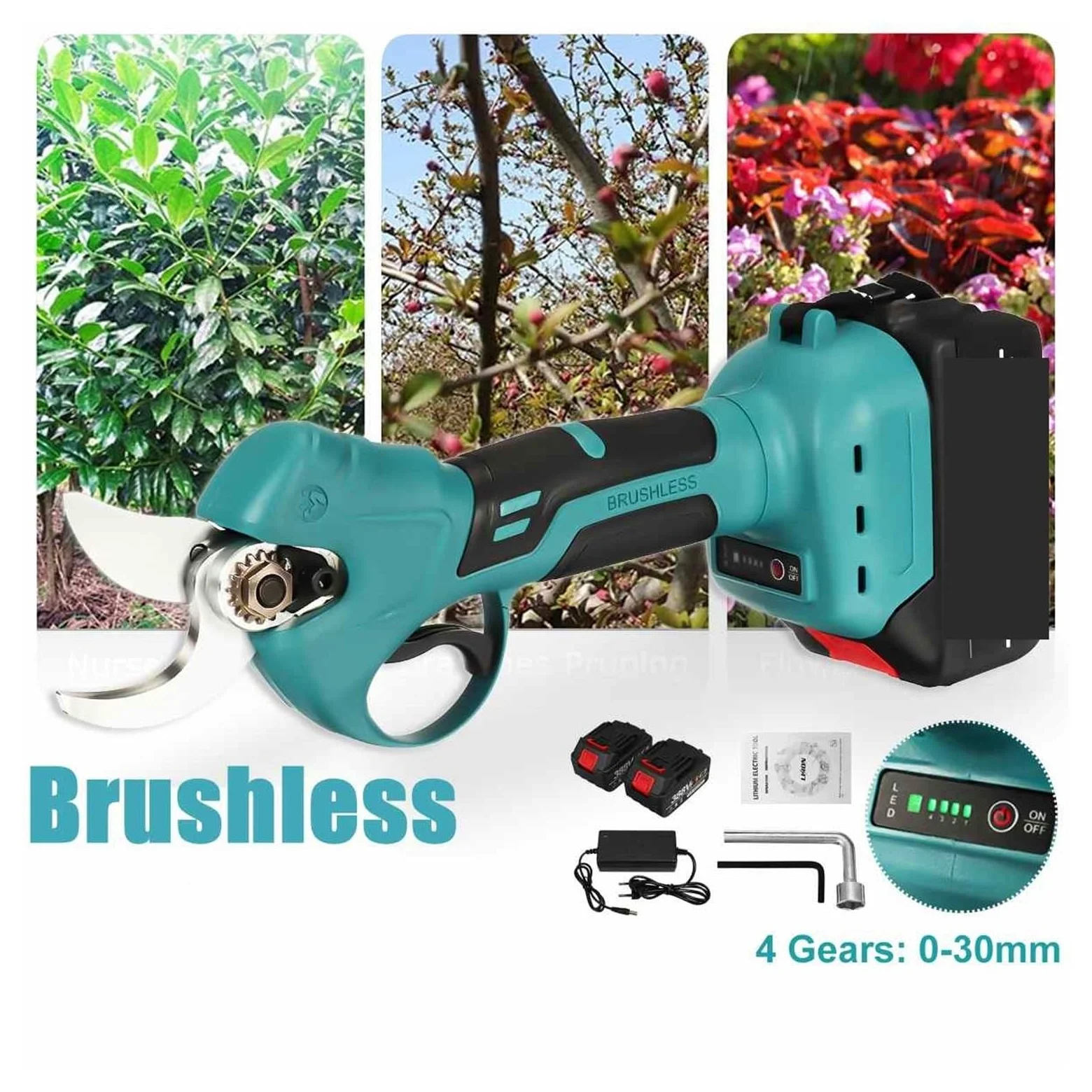 tijeras de podar eléctricas, Tijeras eléctricas recargables inalámbricas sin escobillas de 30MM, tijeras de podar, herramienta for árbol for jardín, herramienta de podar de ramas(2pc battery)