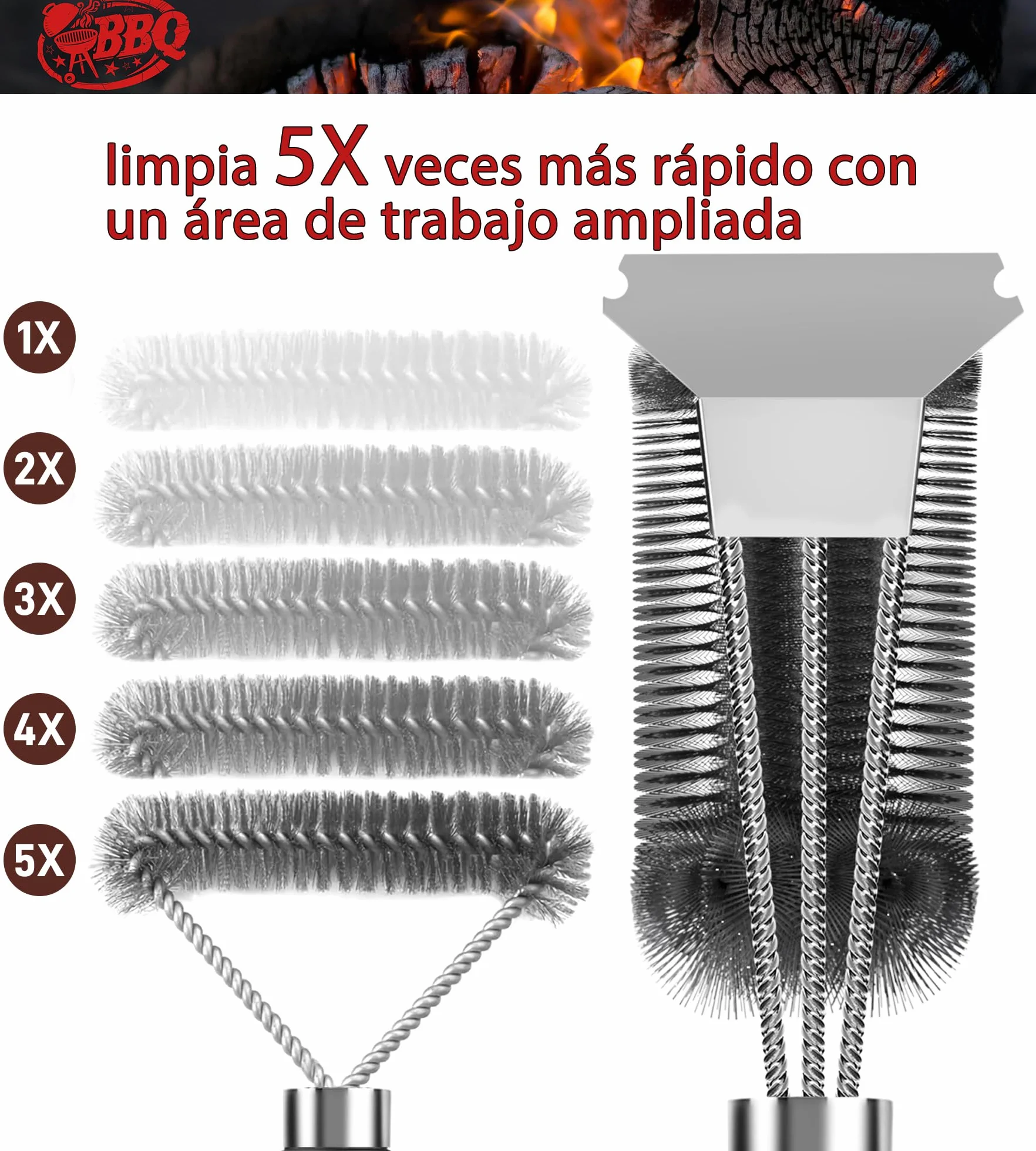 Cepillo de Barbacoa 3 en 1 con Cerdas de Alambre de Acero Inoxidable para Carbón Vegetal y Parrilla Eléctrica al Aire Libre - Jardín, Camping - Cepillo de Limpieza para BBQ