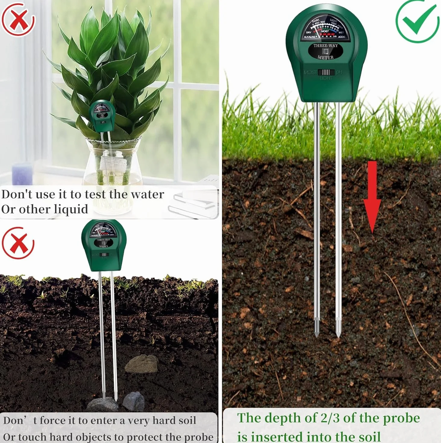 3 en 1 Medidor Humedad Plantas, Medidor PH Tierra, Medidor de Humedad/Luz/PH del Suelo, Medidor de PH de Suelo, Doble Sonda Higrómetro de Suelo, para Plantas de Interior&Exterior,No Necesita Pilas