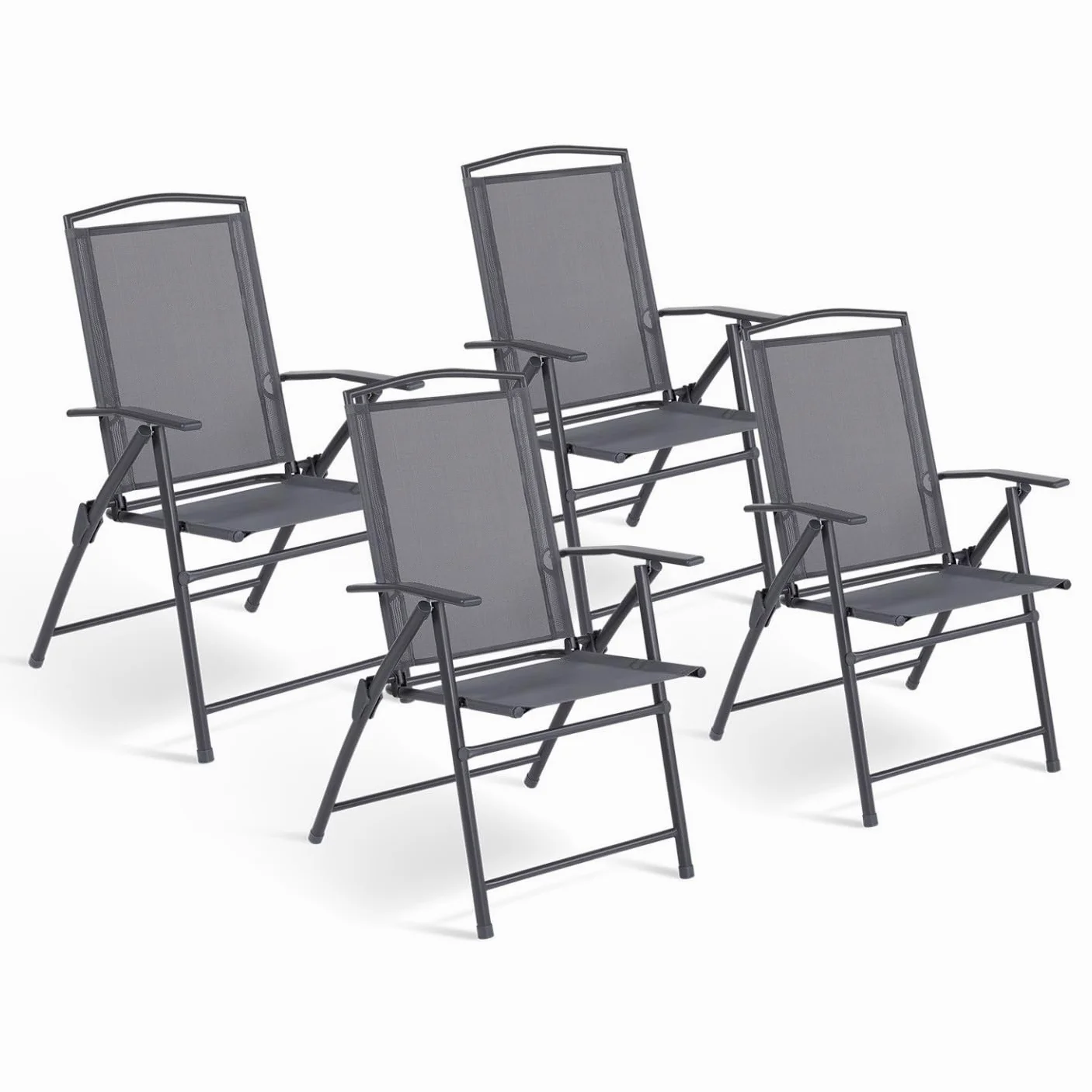 IDMarket - Pack de 4 sillas plegables de jardín con reposabrazos ALGHERO, metal y textileno, gris antracita