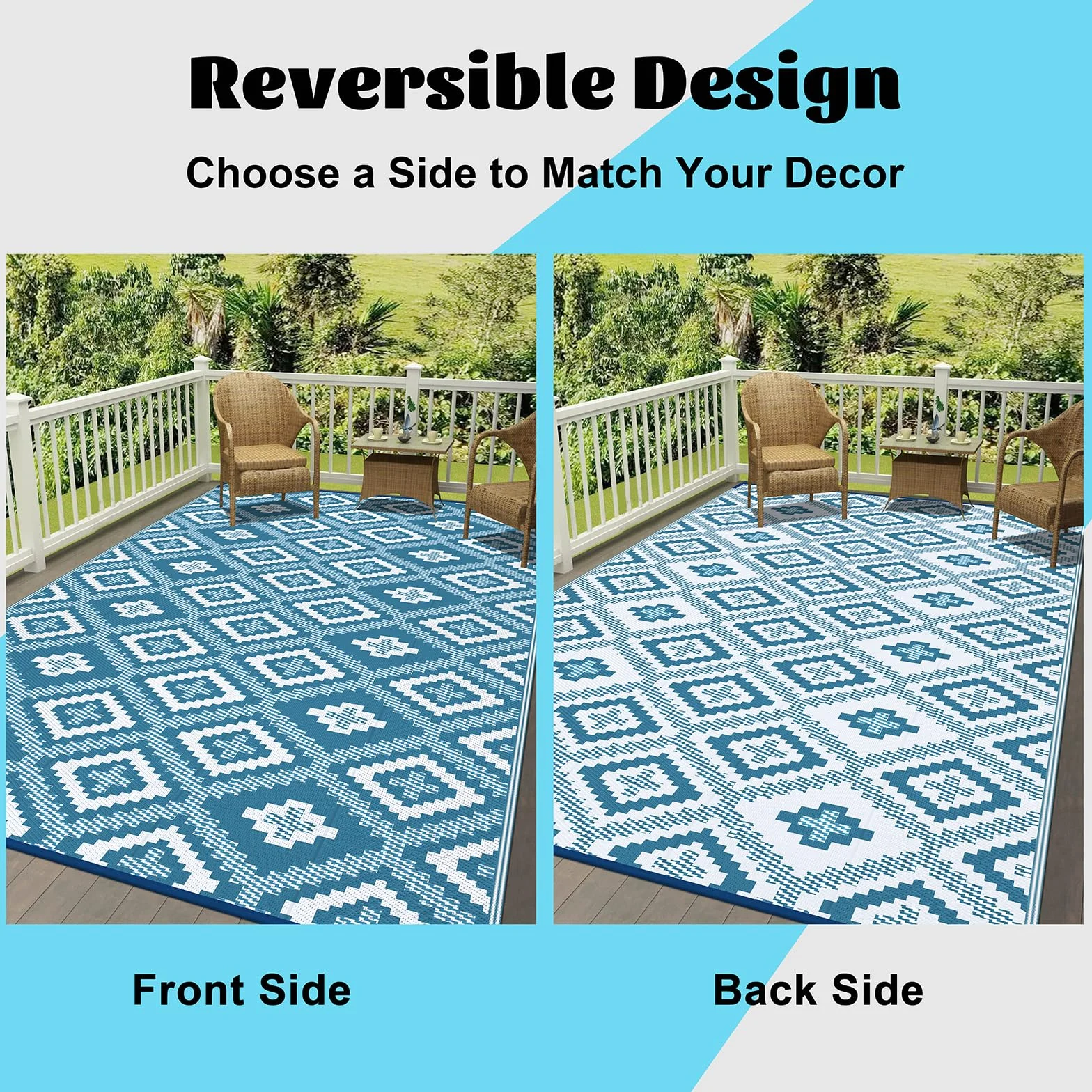 Enyhom Alfombra impermeable para exteriores, grande, reversible, de plástico, para jardín, resistente a los rayos UV, plegable, para camping, balcón, terraza, 240 x 300 cm, color verde azulado