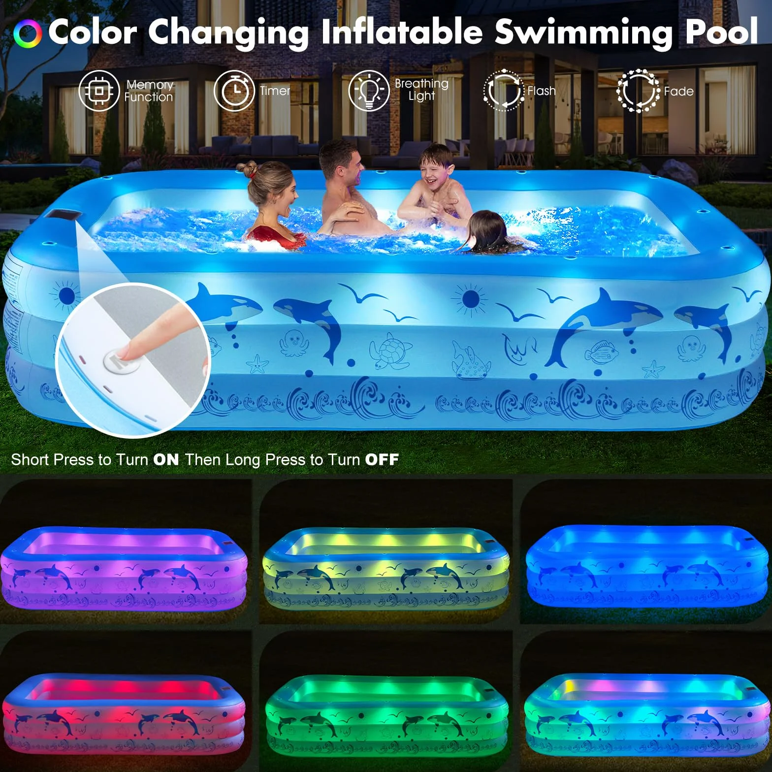 LanOcean Piscina Hinchable Adultos con Luces, Solar Grandes Piscinas Hinchables Rectangular con 12 Modo de Iluminación, 240x150x55CM Piscina Hinchable Infantil, Piscinas Hinchables para Jardin Terraza