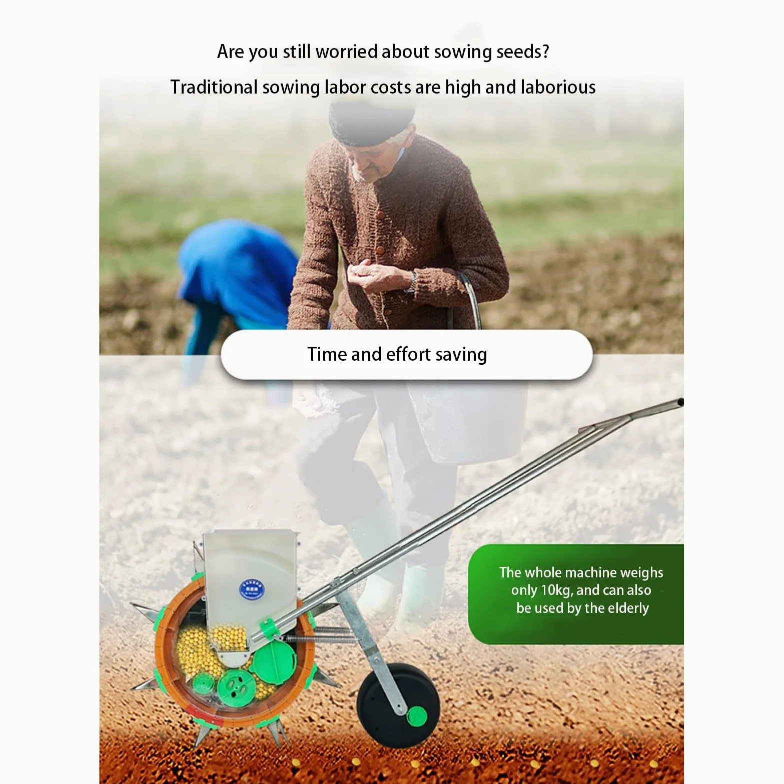 Sembradora de hortalizas a Empuje, sembradora de una hilera, sembradora Manual de césped para jardín, Profundidad Ajustable para maíz, Frijoles, algodón y maní, 7 Bocas
