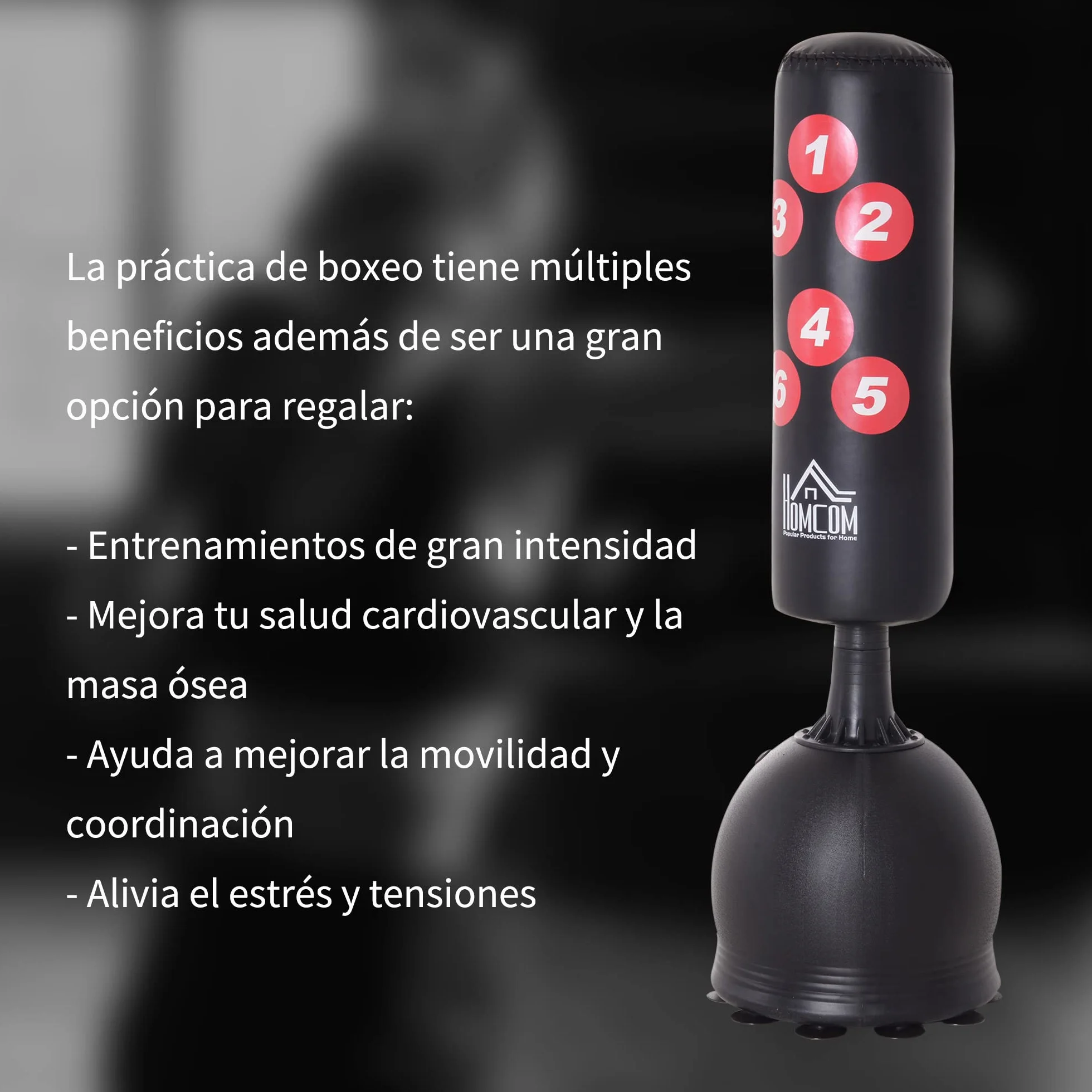 HOMCOM Saco de Boxeo de Pie 165 cm Base Rellenable Agua 22,5 kg Arena 27,5 kg Ventosas Goma Negro