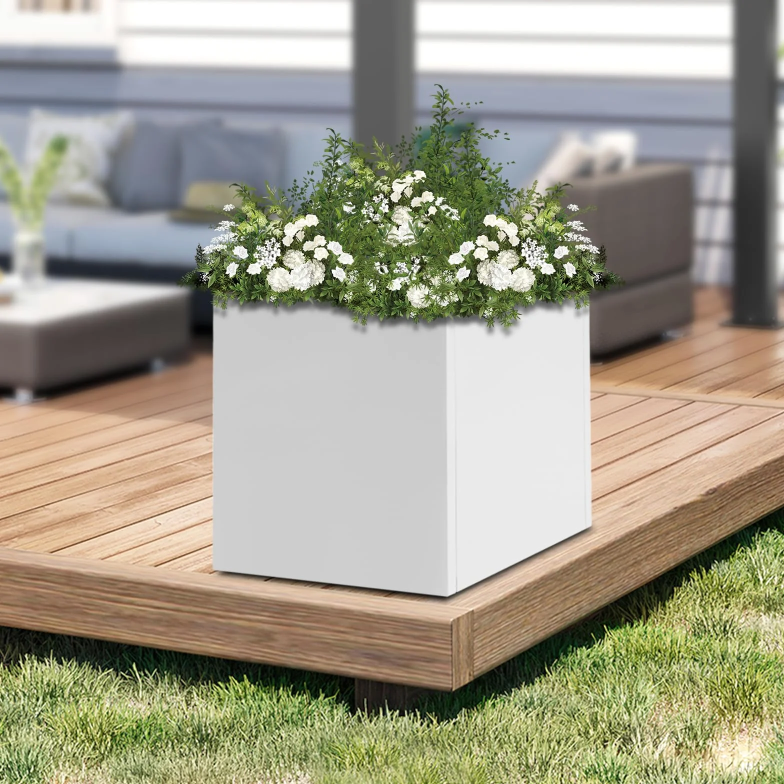 Macetero cuadrado de 60 x 60 x 60 cm, para exteriores, para jardines, entradas, terrazas, patios, etc., color blanco