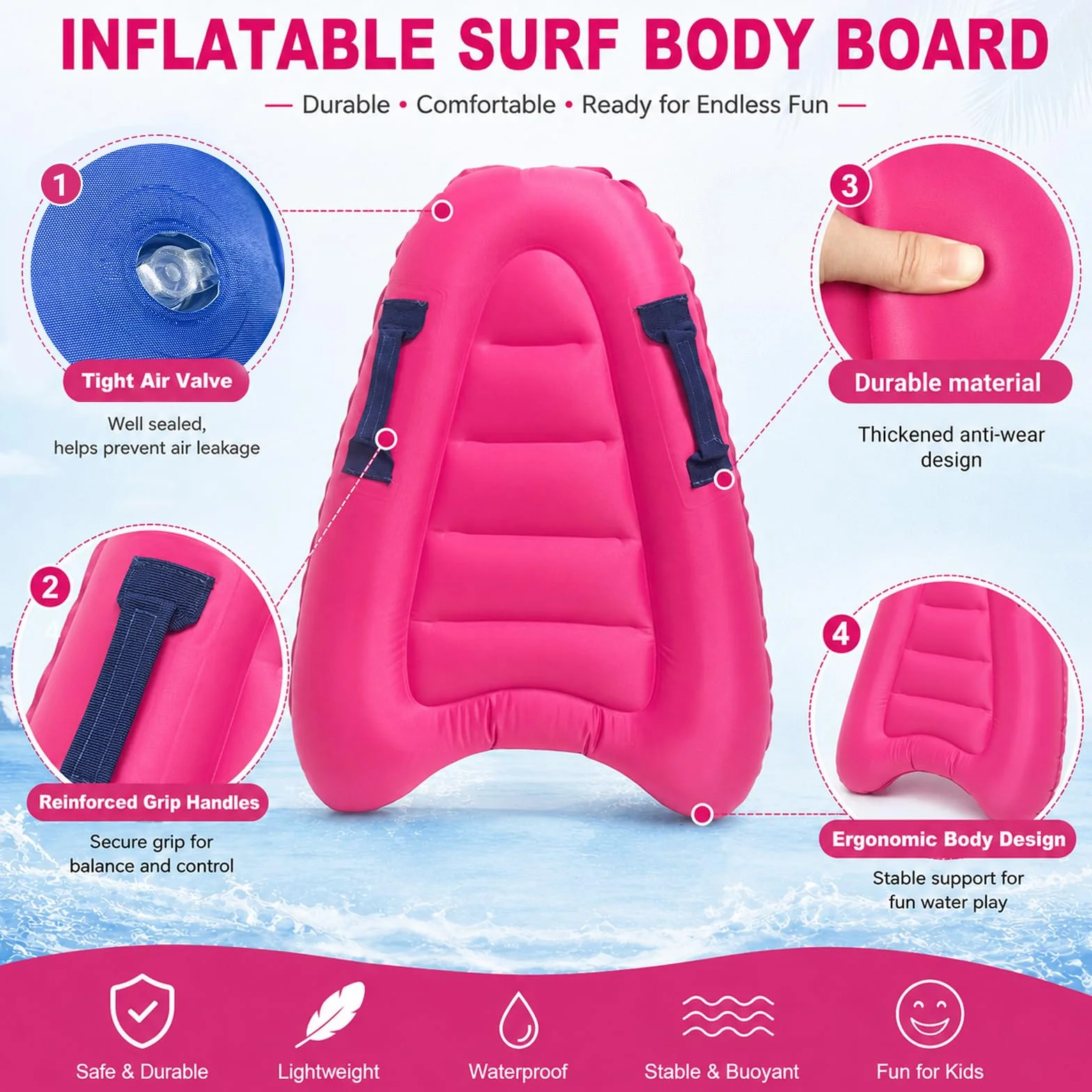 Tabla de Bodyboard Inflable Portátil Ligera con Asas Flotante para Natación Piscina (Rose Pink)
