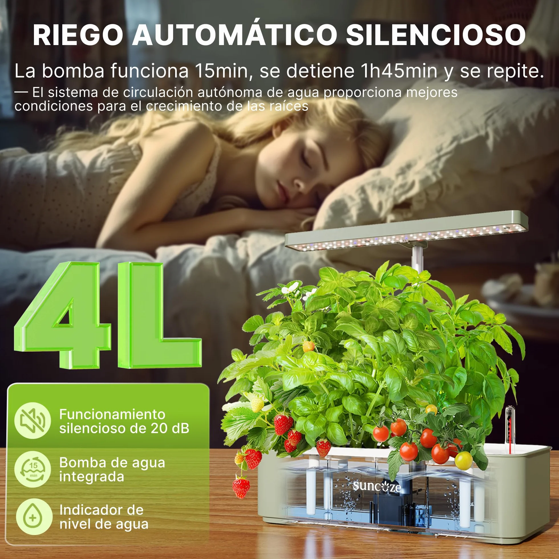 SUNCOZE Sistema de Cultivo Hidropónico Kit de Cultivo Interior con Iluminación LED Automática, Smart Garden 12 Pods, Altura Regulable, depósito de Agua de 4 l, Bomba silenciosa
