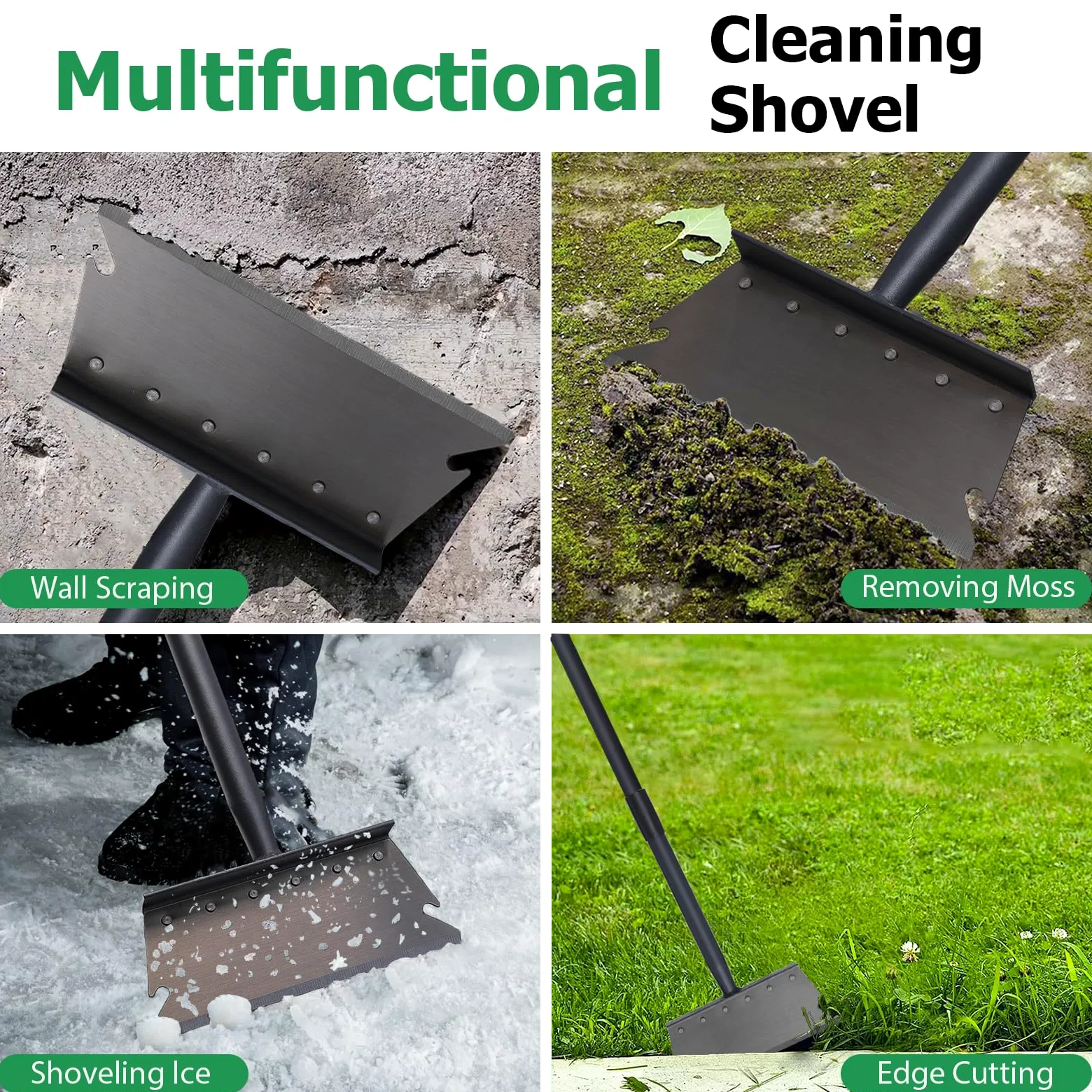 Pala de jardín, pala de nieve, raspador de hielo, pala de limpieza multifuncional con mango ajustable de 59 pulgadas, pala de limpieza de herramientas de jardín resistente para bordes de césped,