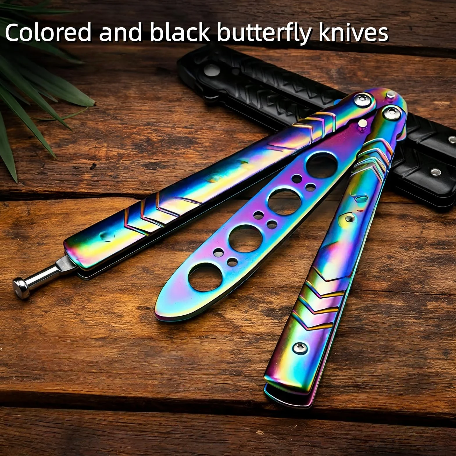 Balisong Trainer Cuchillo Mariposa de Entrenamiento, Acero Inoxidable, Hoja Roma sin Filo, Seguro (Negro+Color)