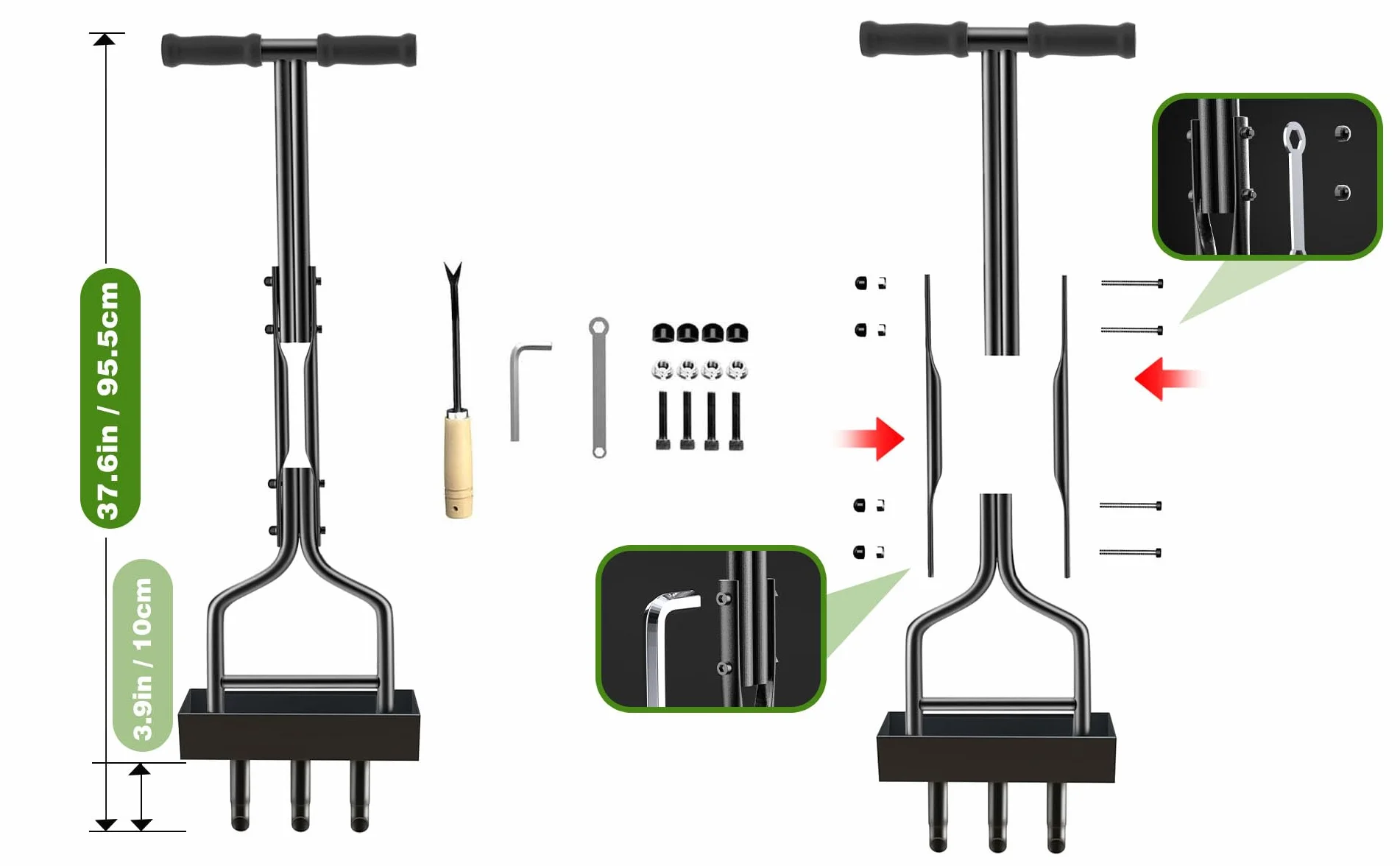 Aireador manual de césped de 3 núcleos, herramienta de extracción de núcleo con caja de recogida de núcleo, aireación de enchufe de 38 pulgadas, herramienta de aireación de núcleo de enchufe